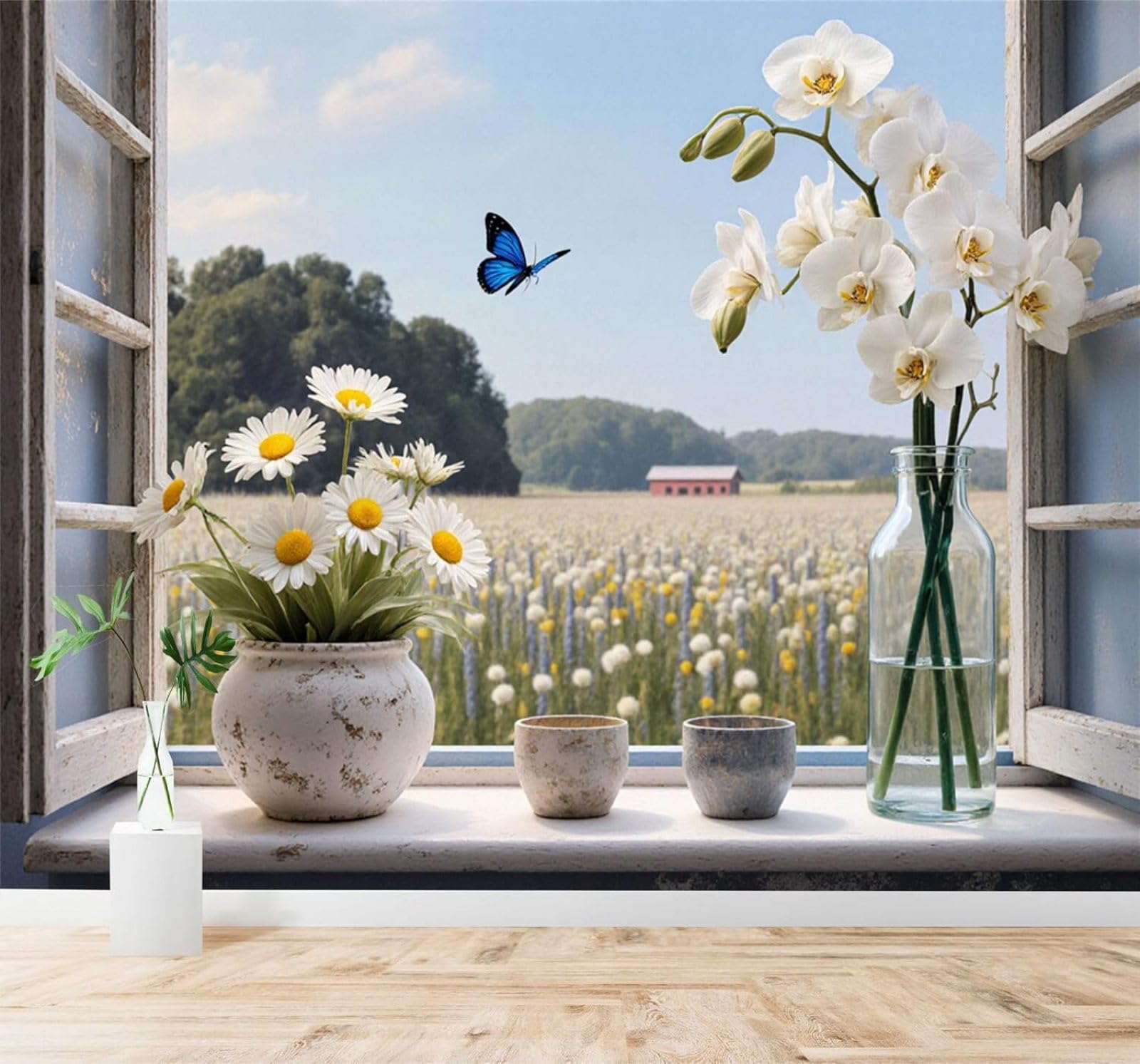 XLMING Shop Window Orchids Blue Butterflies Rural Countryside Scenery 3D Wallpaper Silky Texture Home Study Office Grey Dining Room Sofa Bedroom Living Room TV Backdrop-300cm×210cm