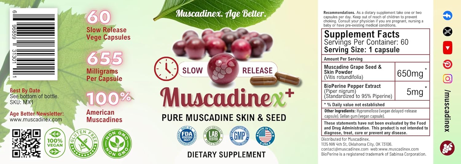 Muscadine Grapeseed Supplement - Superfood Supplement - High ORAC Antioxidant & Polyphenols with Resveratrol, Quercetin & Ellagic Acid - Grape Skin & Seed for Health & Longevity - 60 Slow Release Caps