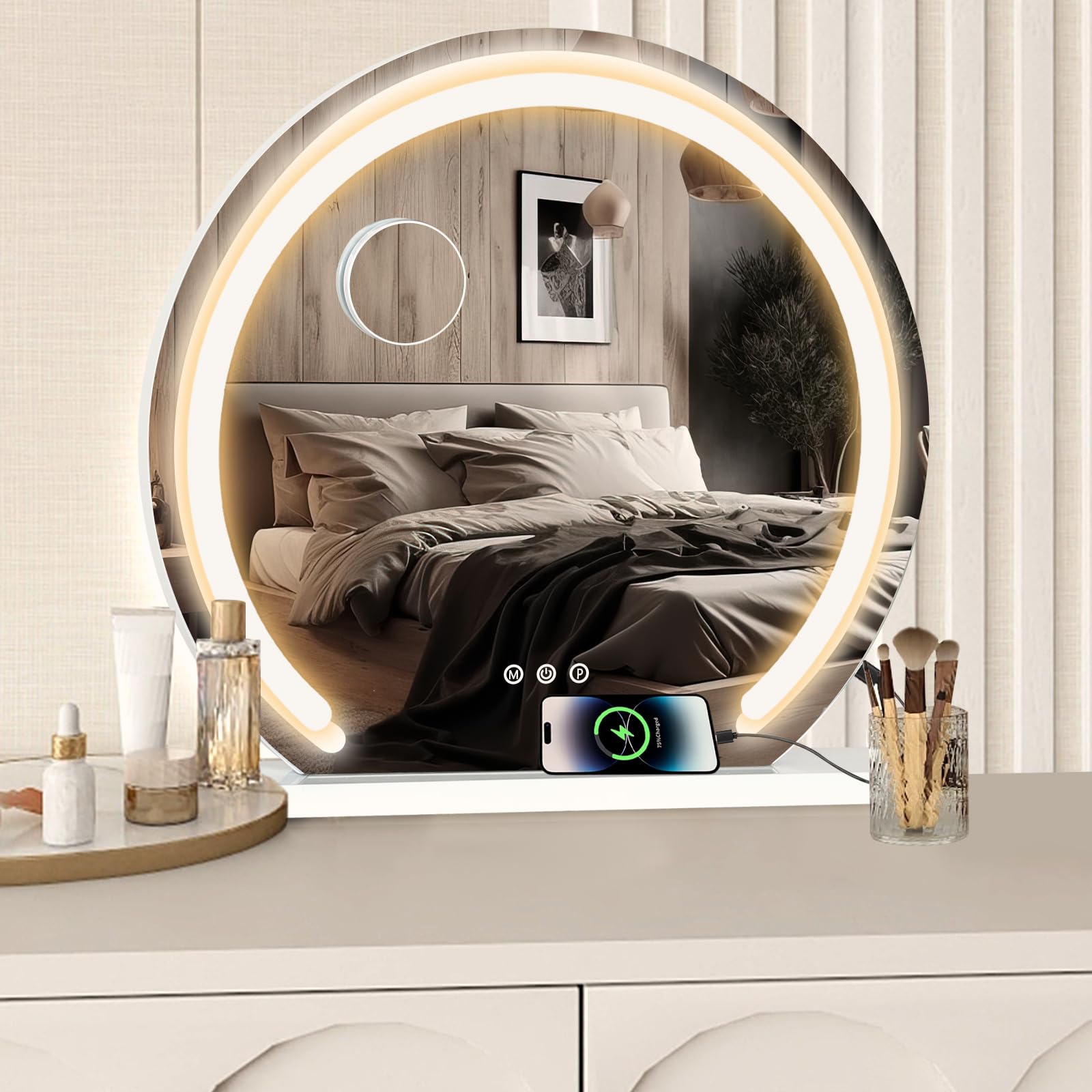 YU YUSING Miroir Rond de Coiffeuse Maquillage Lumineux LED 60 x 60cm, 3 Températures de Couleur, Miroir Maquilleur, Contrôle Tactile, Port USB, Grossissant 10x, Luminosité Réglable, Fixation Murale