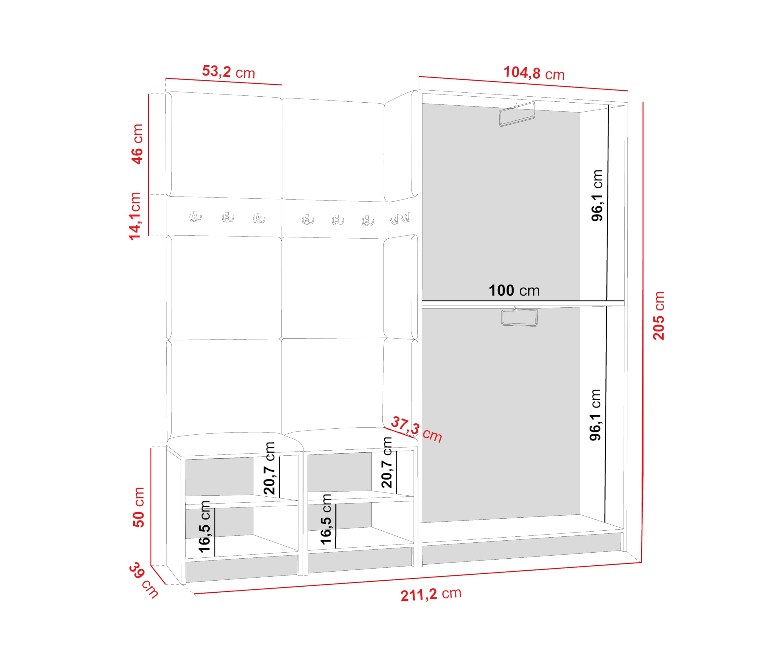 KIER FURNITURE Flurgarderobe Modern - Garderobenschrank mit Sitzbank, Haken und Schuhschrank - Flur Möbel Geräumig und Stilvoll - BxHxT 211,2x205x39cm - Craft Eiche