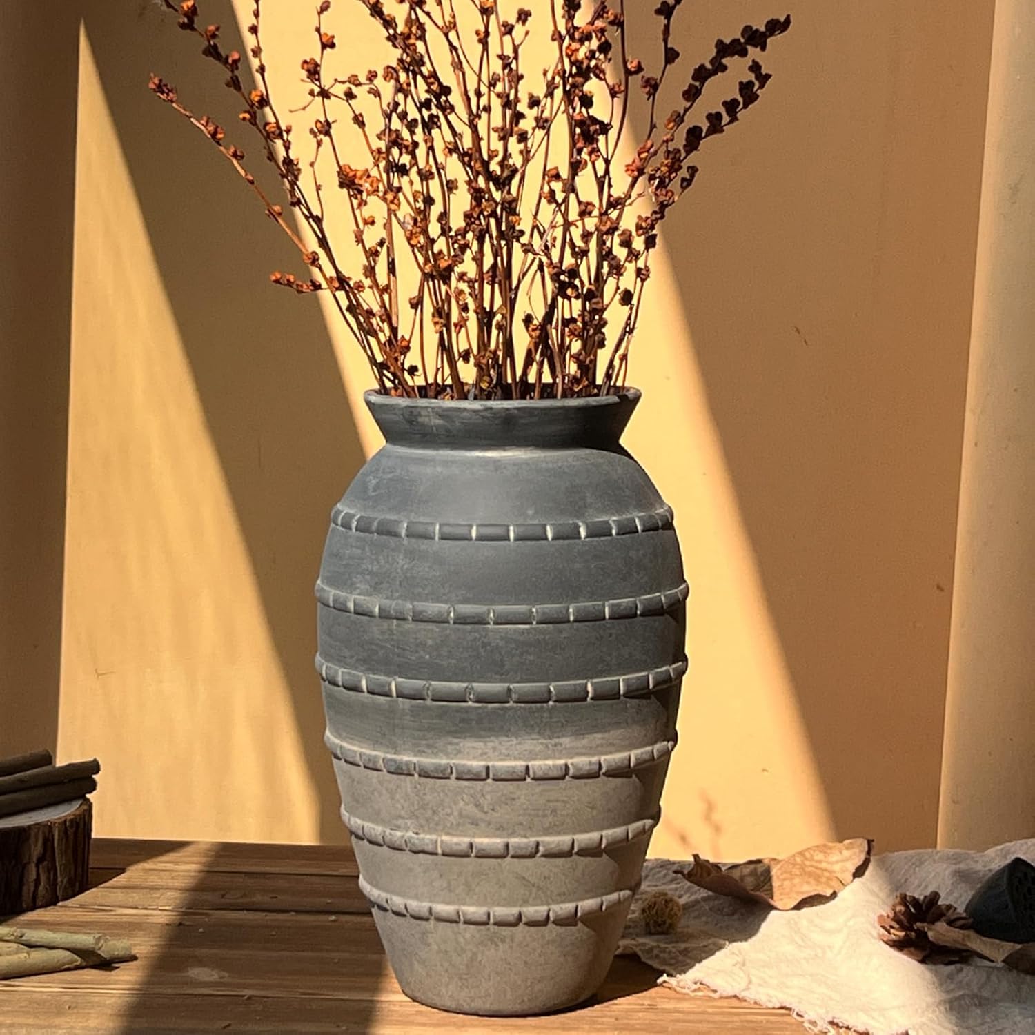 12 Inch Rustic Home Decor Ceramic Vase, Black Pottery Flower Vases for Living Room & Table Centerpieces, Handmade Rustic Farmhouse Vase for Flower & Mantel Decor