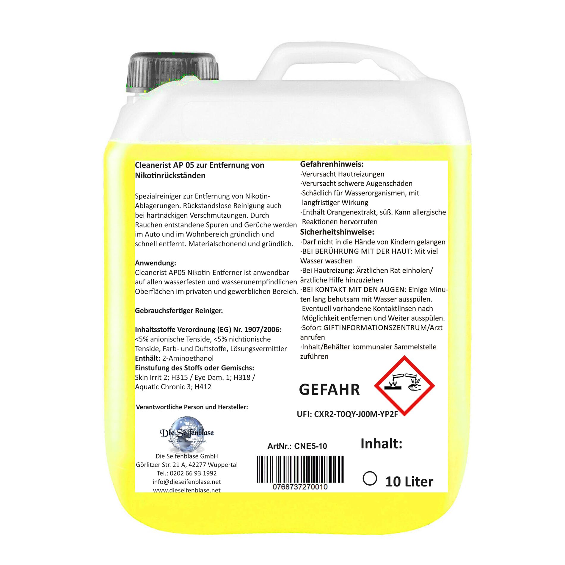 10 Liter Cleanerist AP05 Nikotinentferner Nikotinreiniger - Spezialreiniger zur Entfernung von Nikotin-Ablagerungen