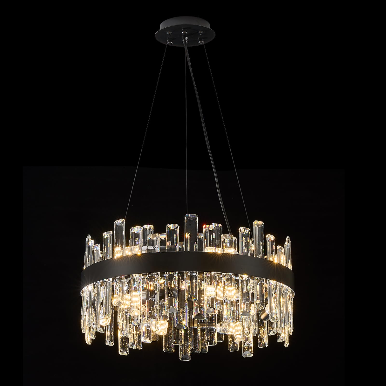 round crystal chandeliers, d19.7 inch 12-light black chandelier lighting fixture, height adjustable pendant ceiling light for living room dining room bedroom