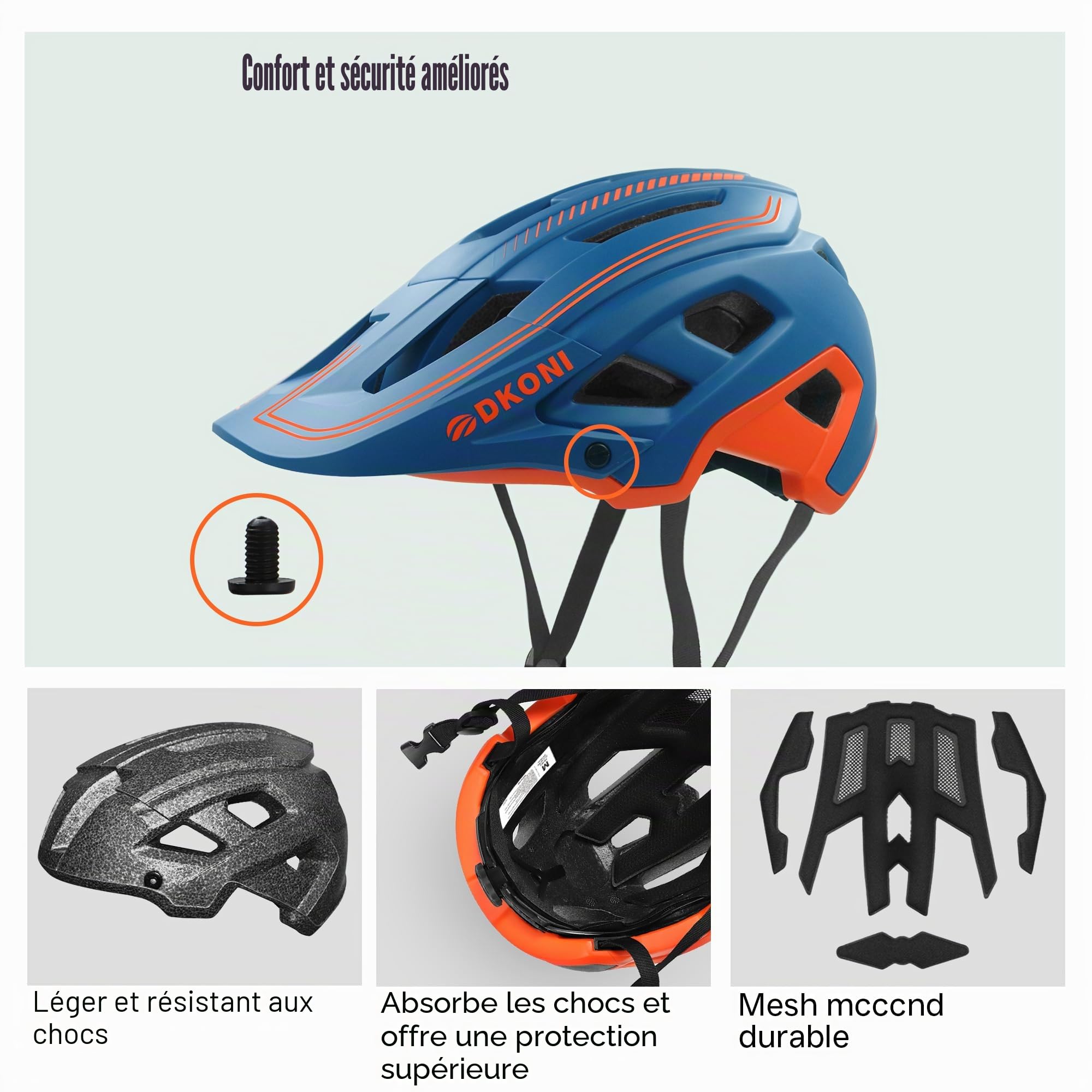 DKONI Casque VTT pour jeunes et adultes, unisexe, léger, ajustable, 54-61 cm, visière et doublures amovibles, 17 grandes aérations