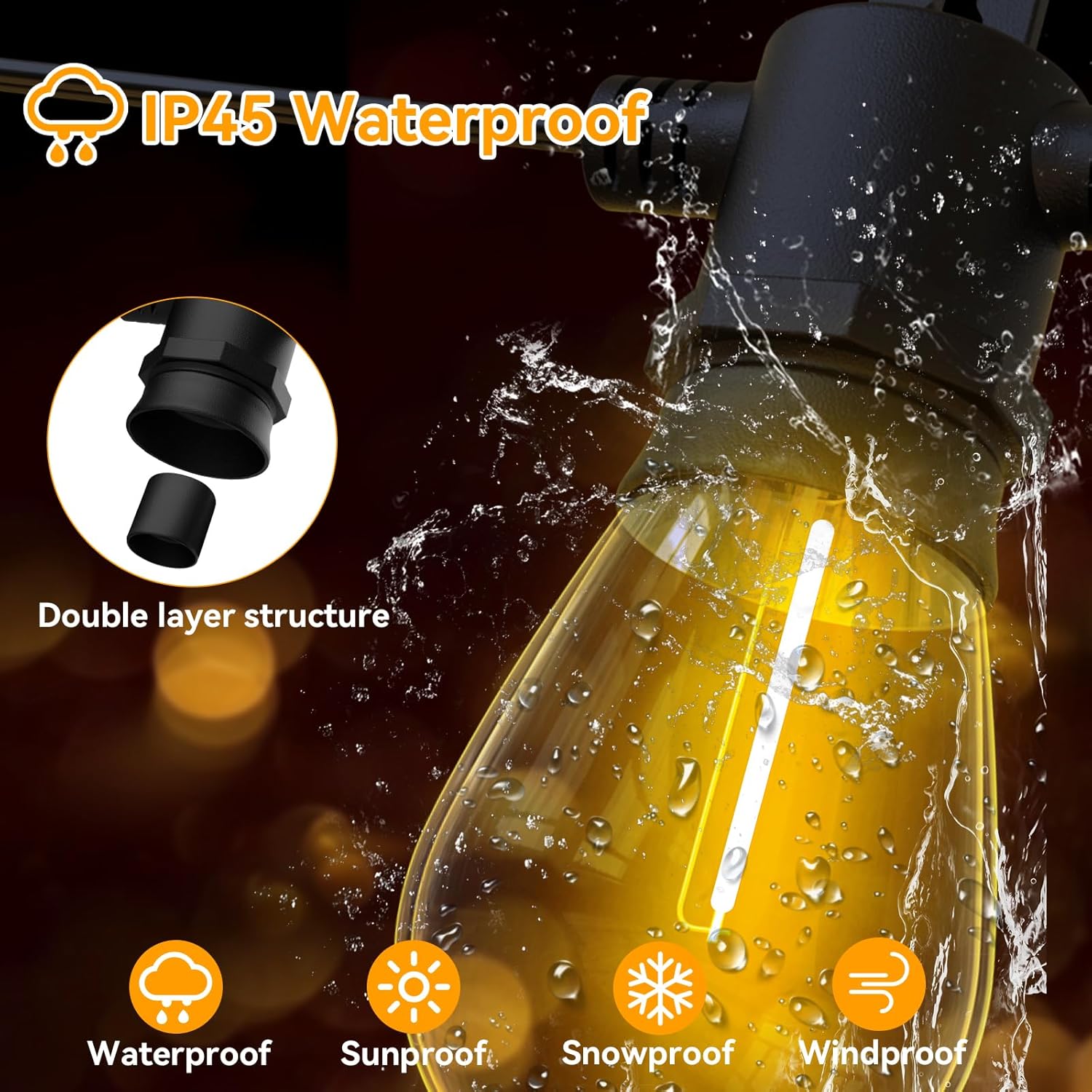Aialun 51ft Outdoor String Lights 2200K Warm White,Outside Patio Lights Led S14 Shatterproof Plastic Edison Bulbs, Waterproof Backyard Light String Decor for Cafe,Bistro,Porch,Deck,Gazebo