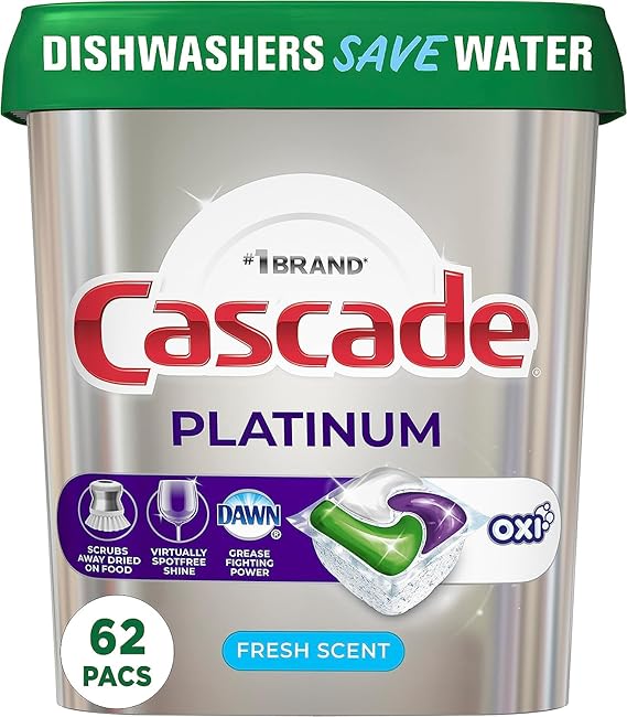 Cascade Platinum Dishwasher Soap Pods, Actionpacs + Oxi, Fresh, 62 Count of Dishwasher Detergent Pods