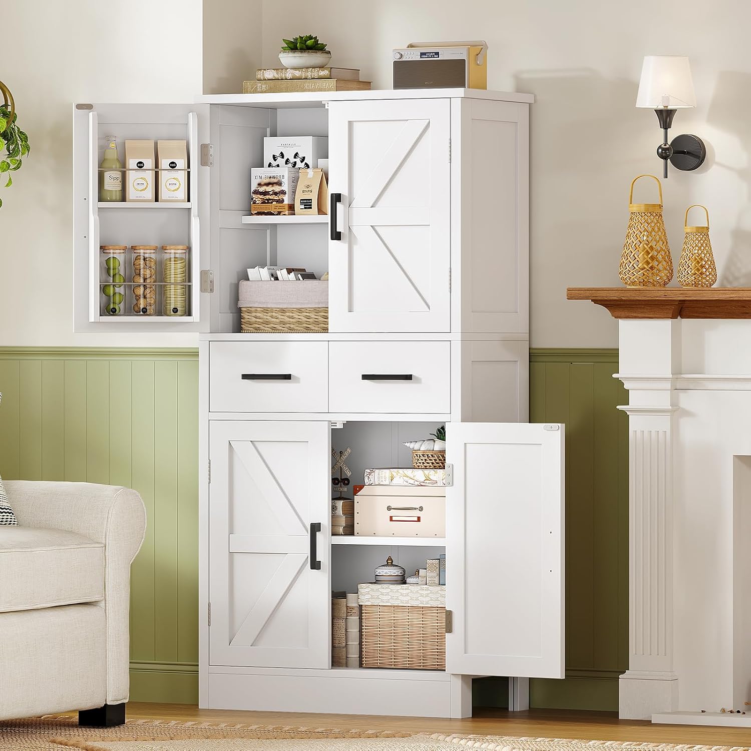 TEENFON 53" H Pantry Cabinet with 2 Drawers, Kitchen Storage Cabinet with 4 Door Shelves, Kitchen Pantry for Living Room, Dining Room, Bathroom, White