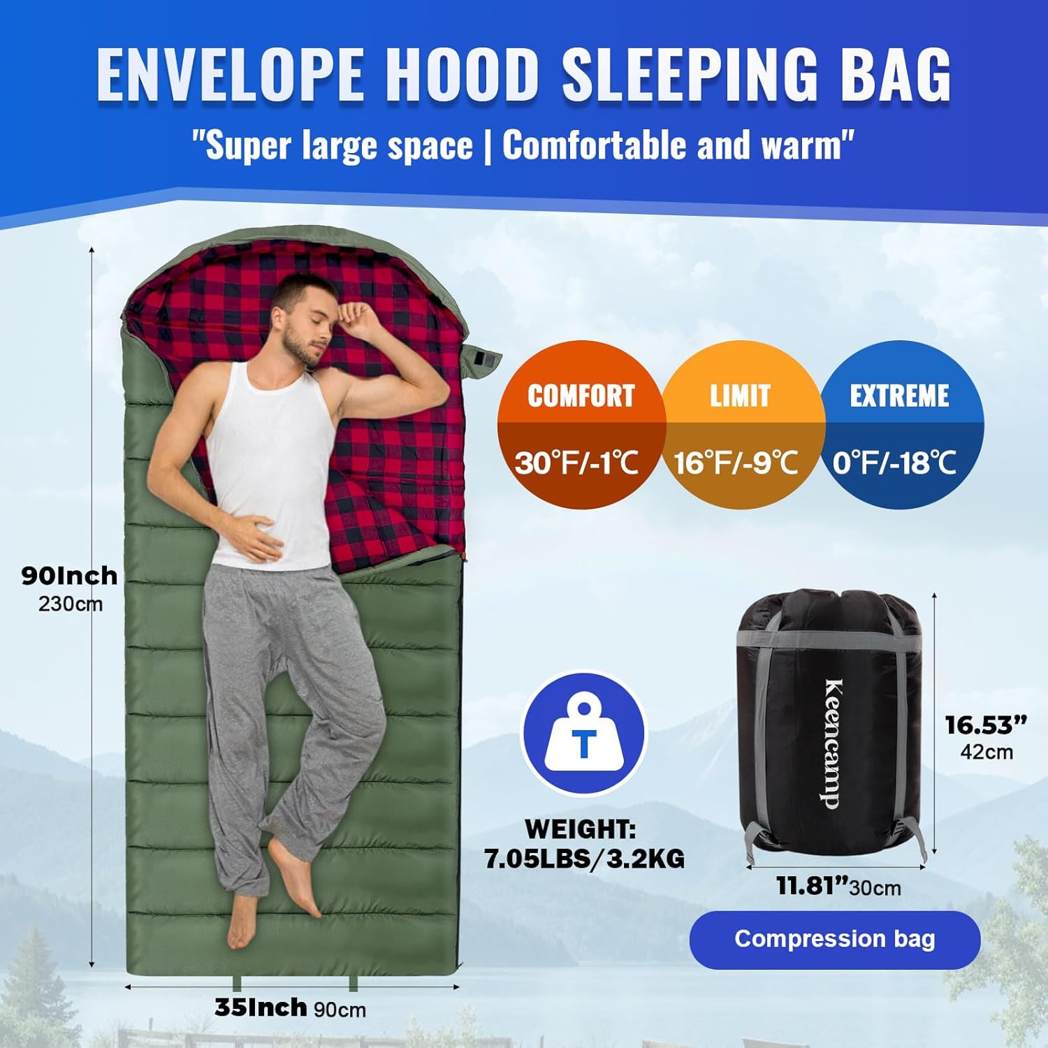 0 Degree Sleeping Bag Cotton Flannel Winter Cold Weather for Adults XXL Sleeping Bag 4 Season Big and Tall with Pillow Compression Sack - Image 2