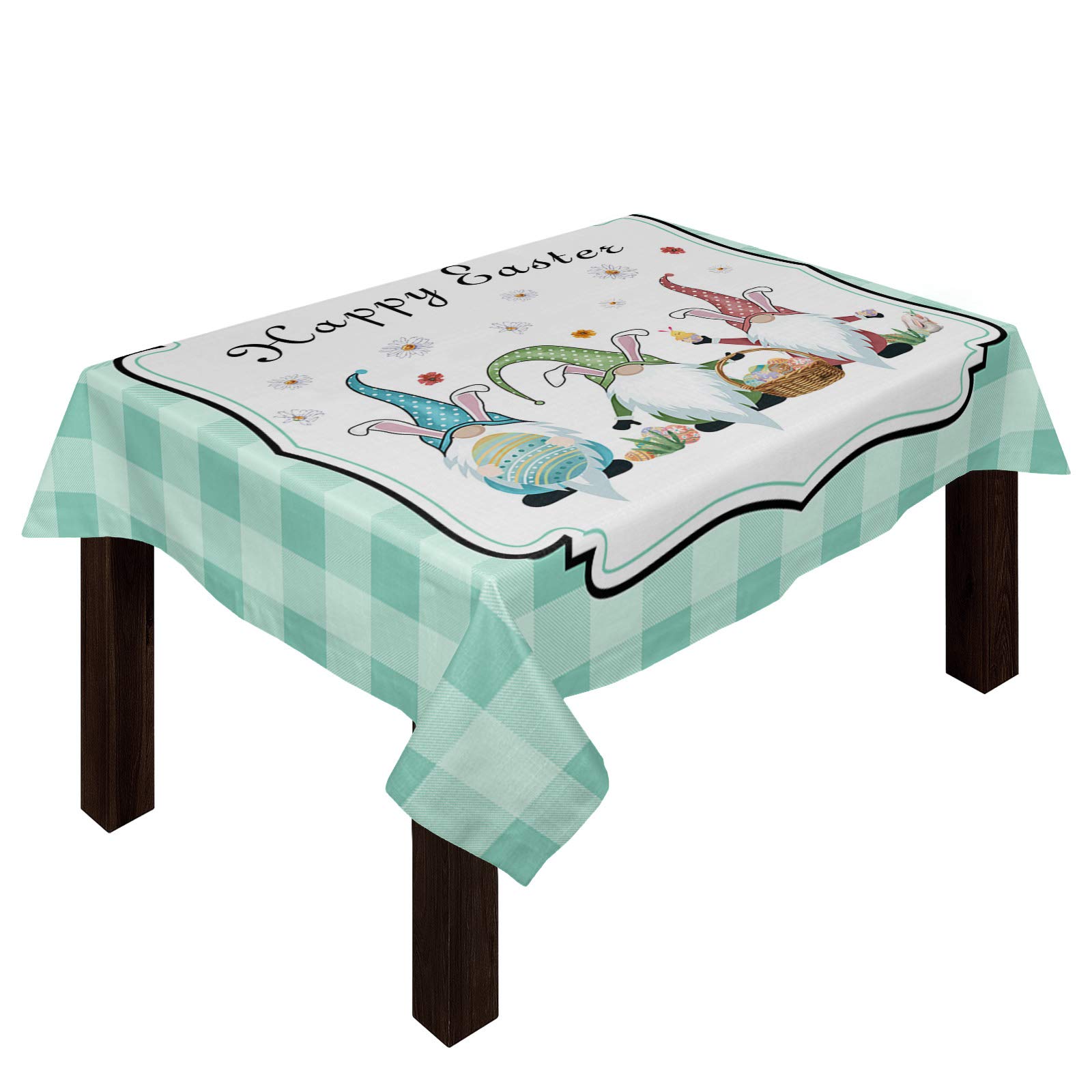 Trendychic Rectangular Burlap Table Cloth, Happy Easter Cartoon Gnome and Chick Eggs Daisy Flower Teal Plaid Table Protector Table Covers for Kitchen Dining Party Everyday Use, 60x140inch