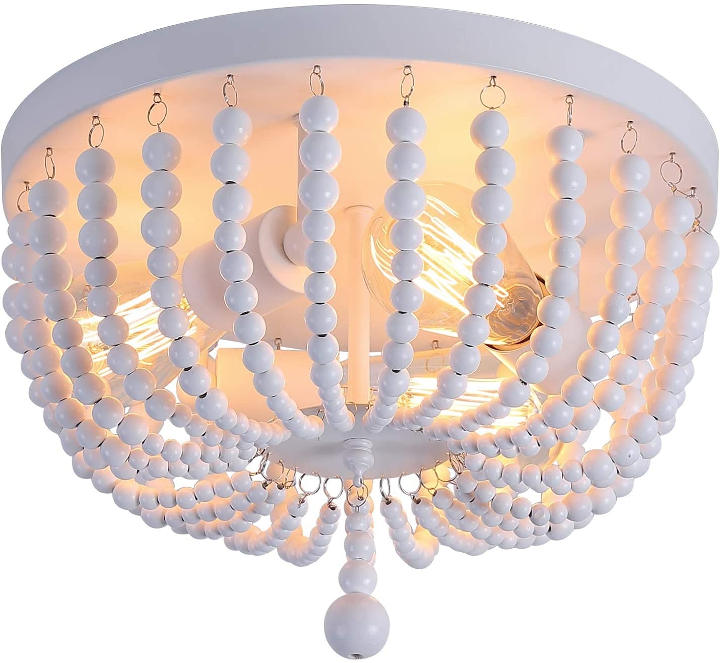 Chandeliers Wood Beaded Chandelier, Boho Farmhouse Light Fixture, White 3 Lights, Semi Flush Mount Ceiling Light Fixtures for Hallway Bedroom Kitchen Living Room