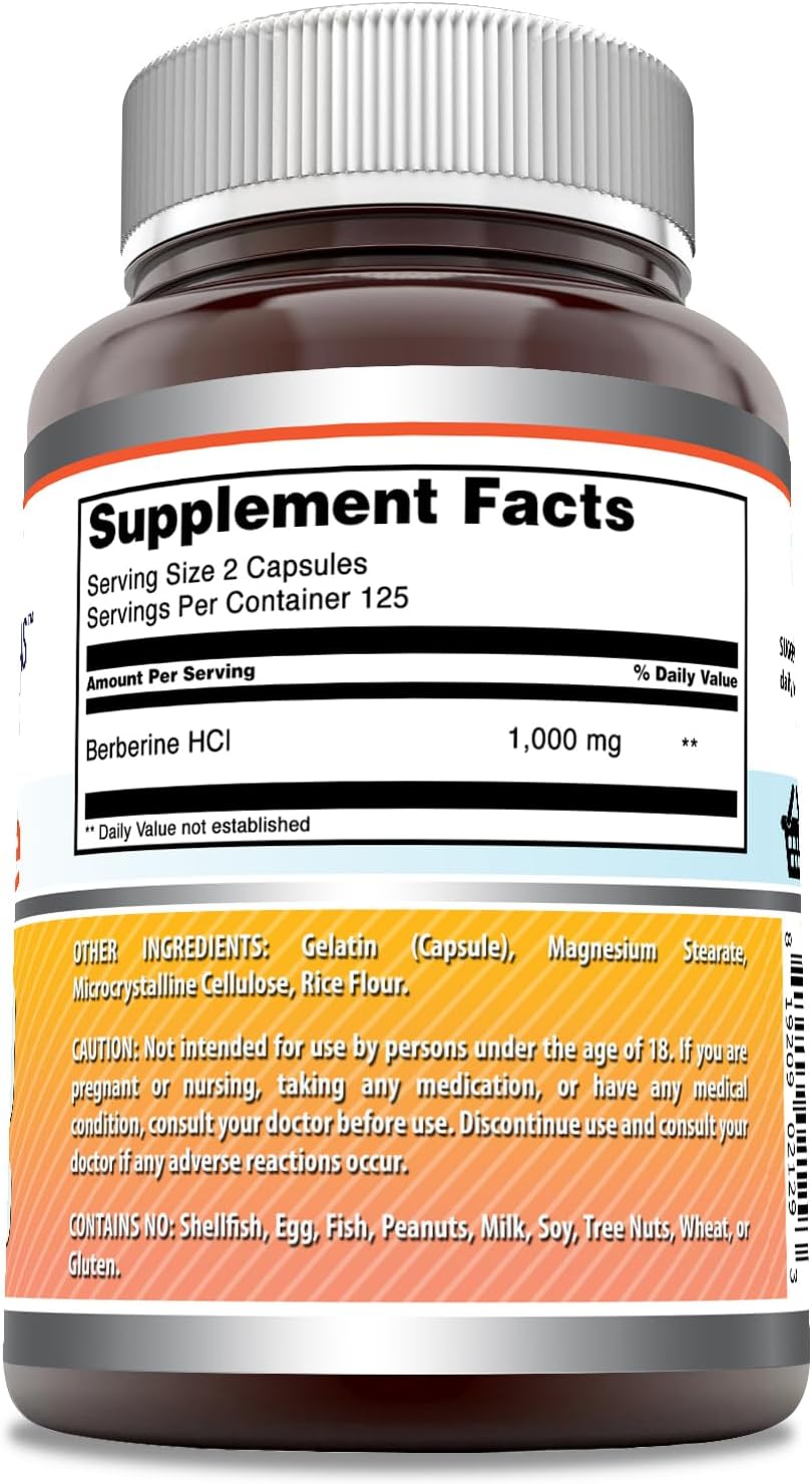 Amazing Formulas Berberine 1000mg Per Serving 250 Capsules Supplement | Non GMO | Gluten Free | Made in USA- Proudly Made in The USA with Guaranteed Purity & Potency