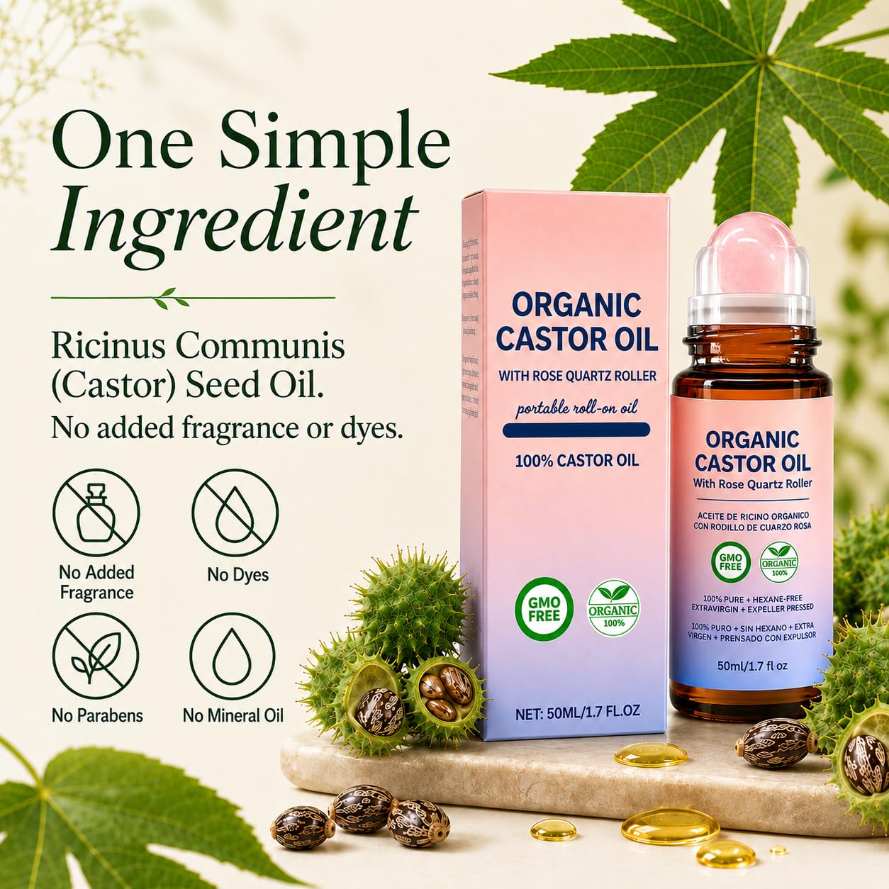 Organic Castor Oil Roll On with Rose Quartz Roller, 100% Pure Cold Pressed Hexane Free, 1.7 fl oz / 50 mL Portable Serum for Eyelashes, Eyebrows, Hair, Scalp, Skin, Nails, Cuticles, Travel Applicator