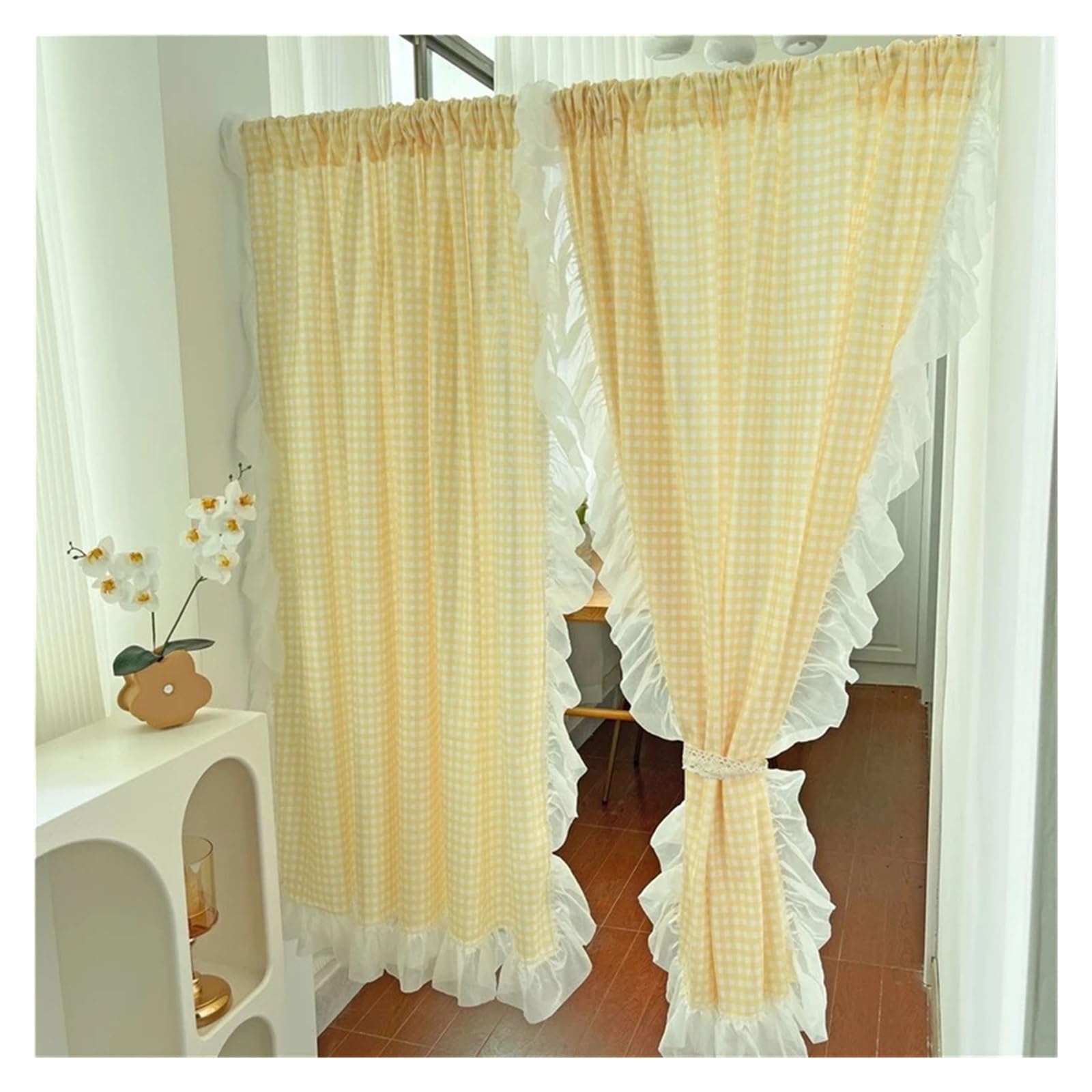 DFGRGRV Ruffle Curtains Yellow/Pink/Green/Blue Lattice Door Curtains for Living Room Japanese Lace Ruffled Plaid for Kitchen(Yellow,W140 X H60 CM)