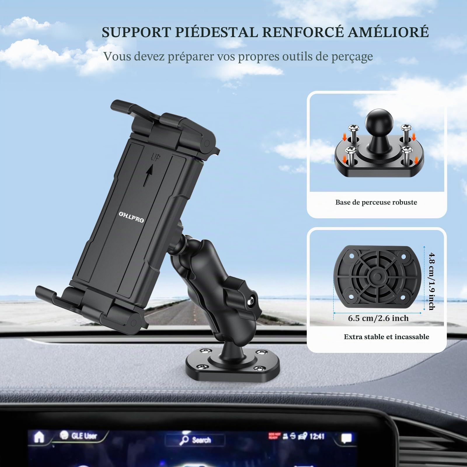 OHLPRO Support Tablette Voiture, Support ipad Voiture Universel 360° Rotatif Base Perçage+ Bras Réglable 15cm, Compatible iPad Pro/Mini Samsung 4-13" Tablettes Camion & Tableau de Bord