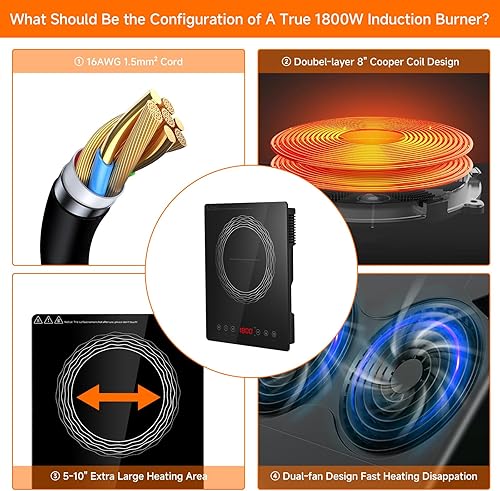 Miniatura 3 de Quemador portátil de inducción, 1800 W, placa caliente de inducción con sensor LCD, estufa eléctrica, bobina de calefacción grande de 8 pulgadas,