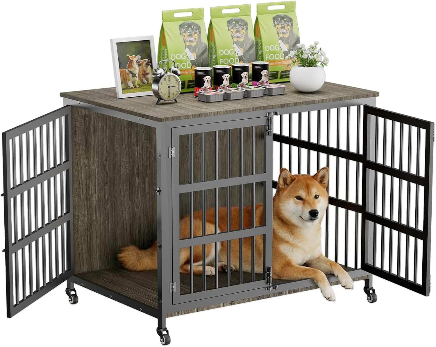 41" Furniture Style Large Dog Crate with Wheels, Chew-Resistant Dog Kennel Furniture Indoor for Large & Medium Dogs, 40.8" L x 28.3" W x 30.9" H, Decorate House as TV Stand, End Table —Grey