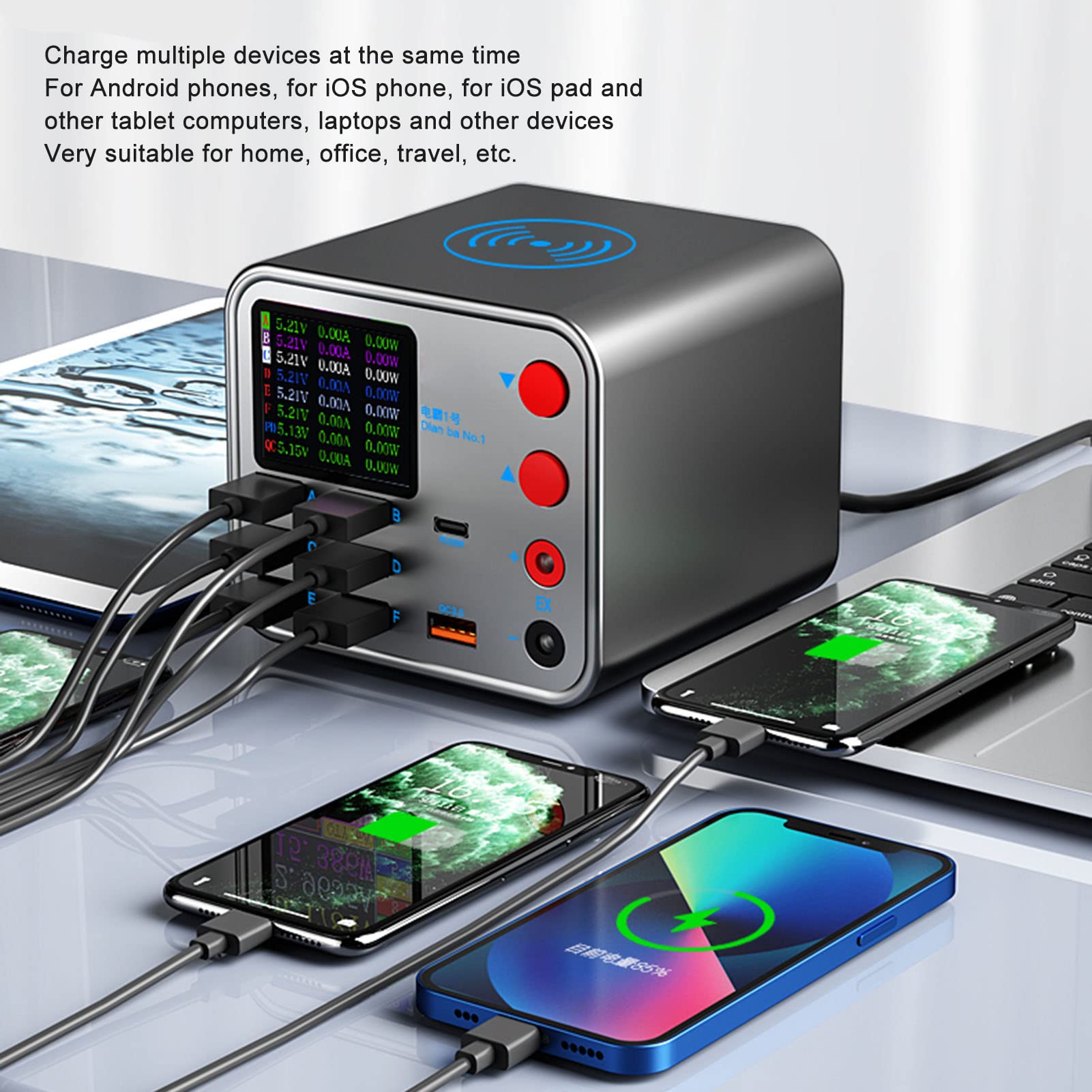 Estación de Carga USB Múltiple, Cargador de Pared de Carga Rápida QC3.0 de 150 W Y 8 Puertos con Adaptador de Corriente de Carga Inalámbrica de 10 W para Teléfonos, Portátiles, Tabletas, 110‑220V(EU)