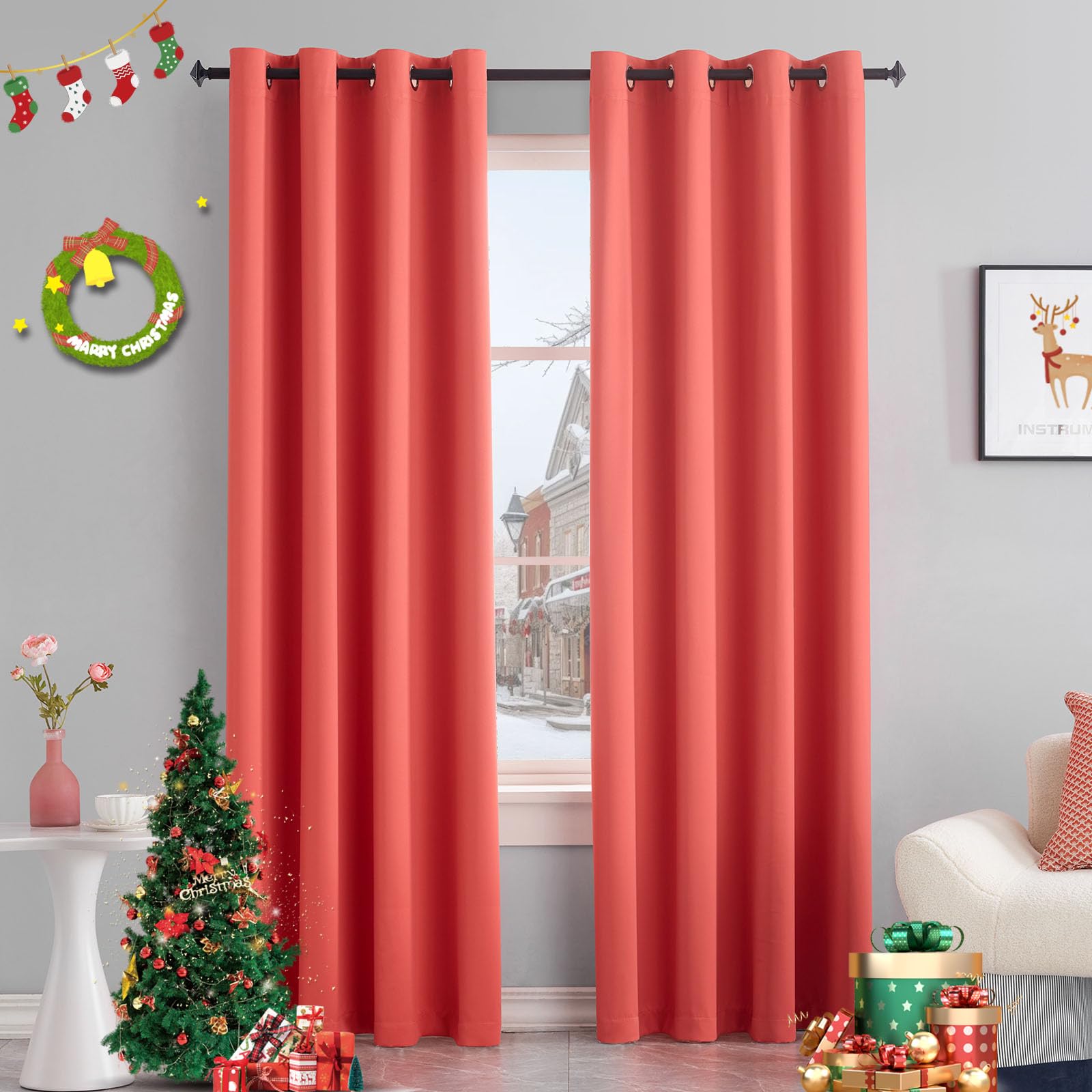 TOAVA DECO Coral Blackout Curtains 2 Panels for Bedroom - 84 Inch Length Thermal Insulated Room Darkening Grommet Drapes 1 Pair