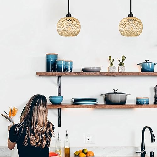 Miniatura 8 de Lámpara colgante de mimbre moderna y bohemia de mimbre de 7.87 pulgadas, pantalla bohemia, lámpara colgante, lámparas de techo vintage para