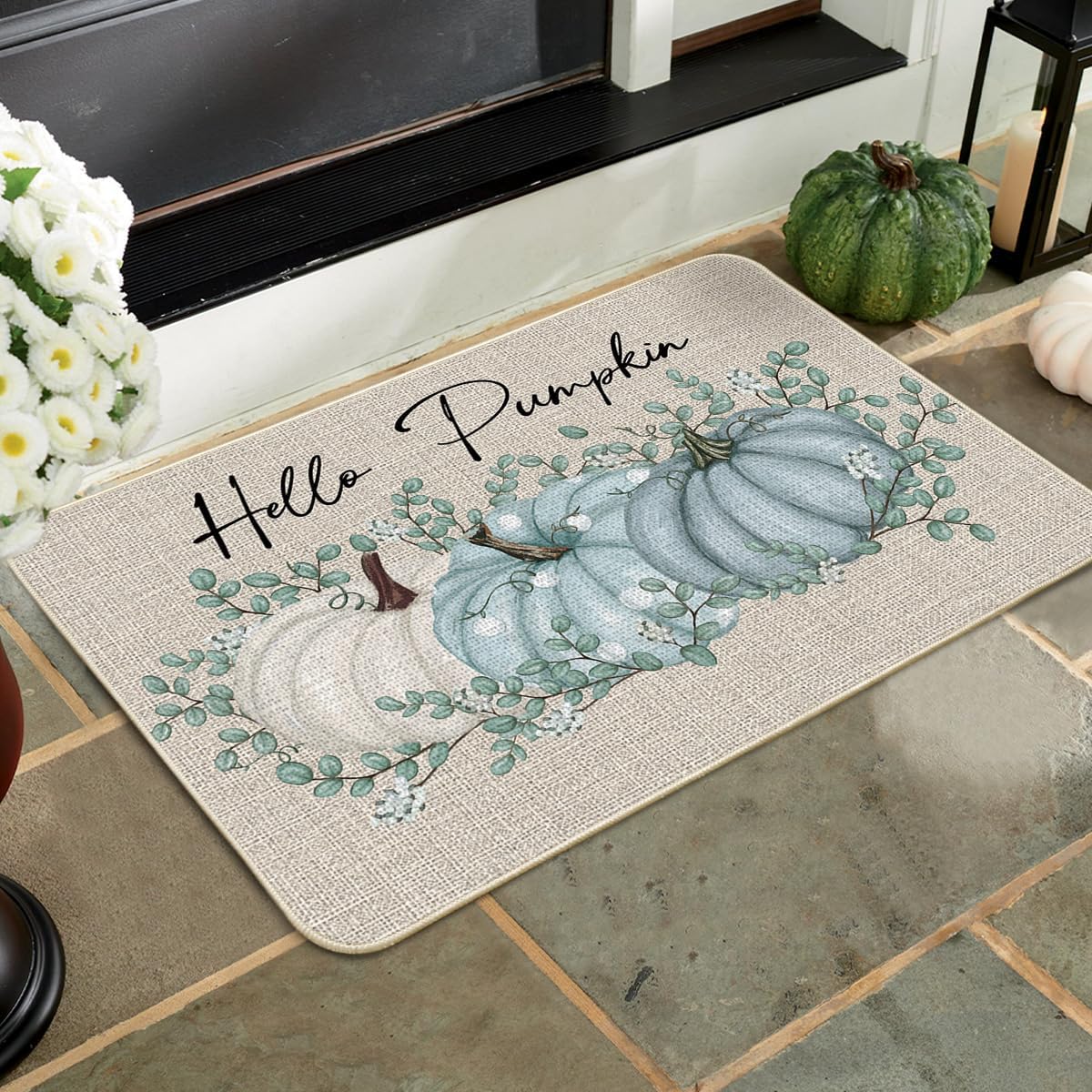 Artoid Mode Hello Pumpkin Eucalyptus Fall Doormat, Autumn Home Decor Low-Profile Switch Rug Door Mat Floor Mat for Indoor Outdoor 24x35 Inch