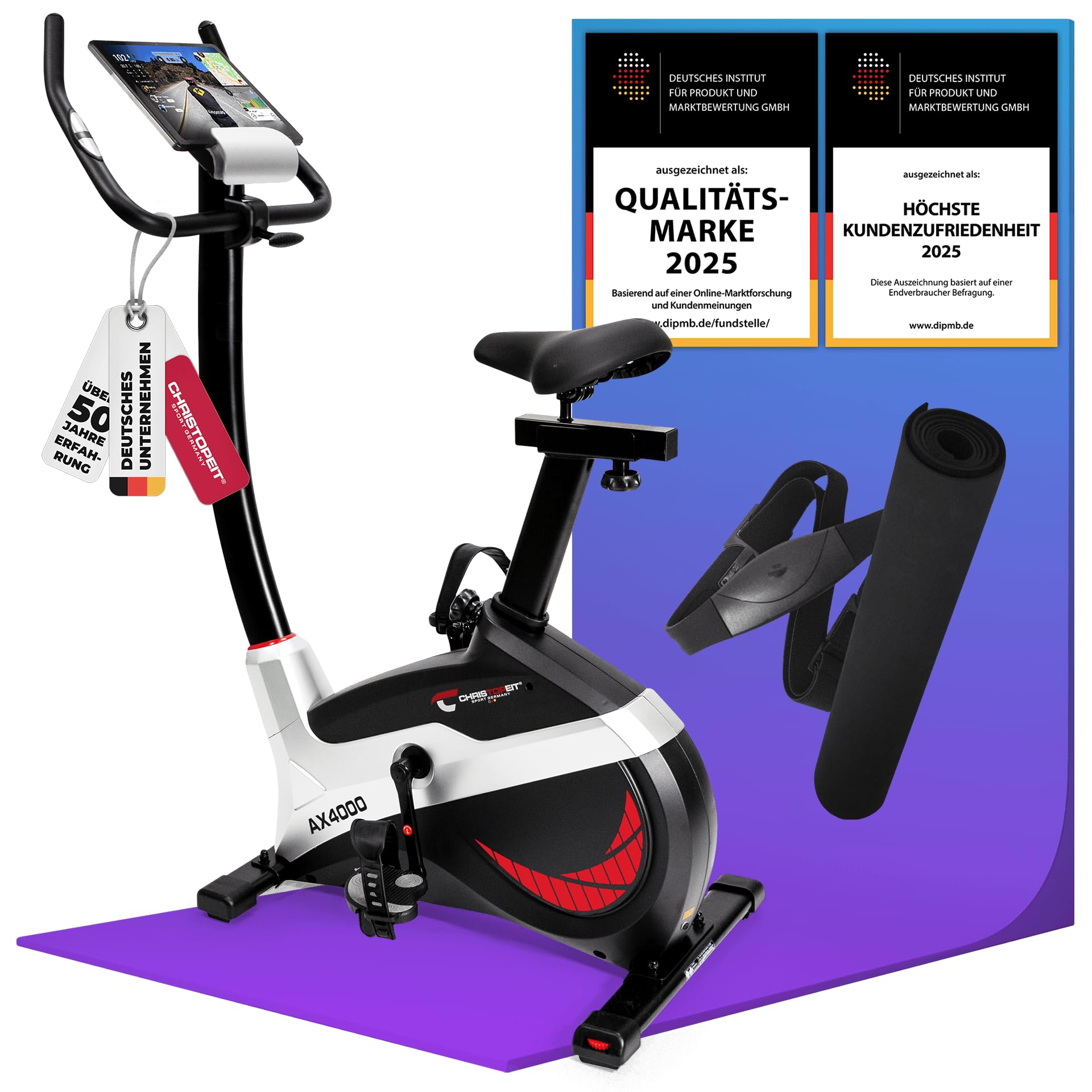 Christopeit Ergometer Heimtrainer AX 4000, 24 Widerstandsstufen, bis 150kg, 195cm Größe, verschleißfrei, Kinomap