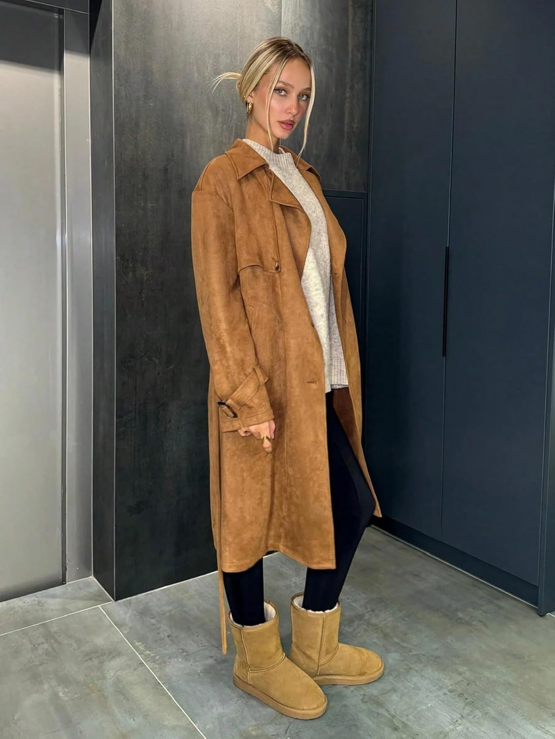 Womens Fashion Trench Outwear Suede Trench Coat Jacket Coat