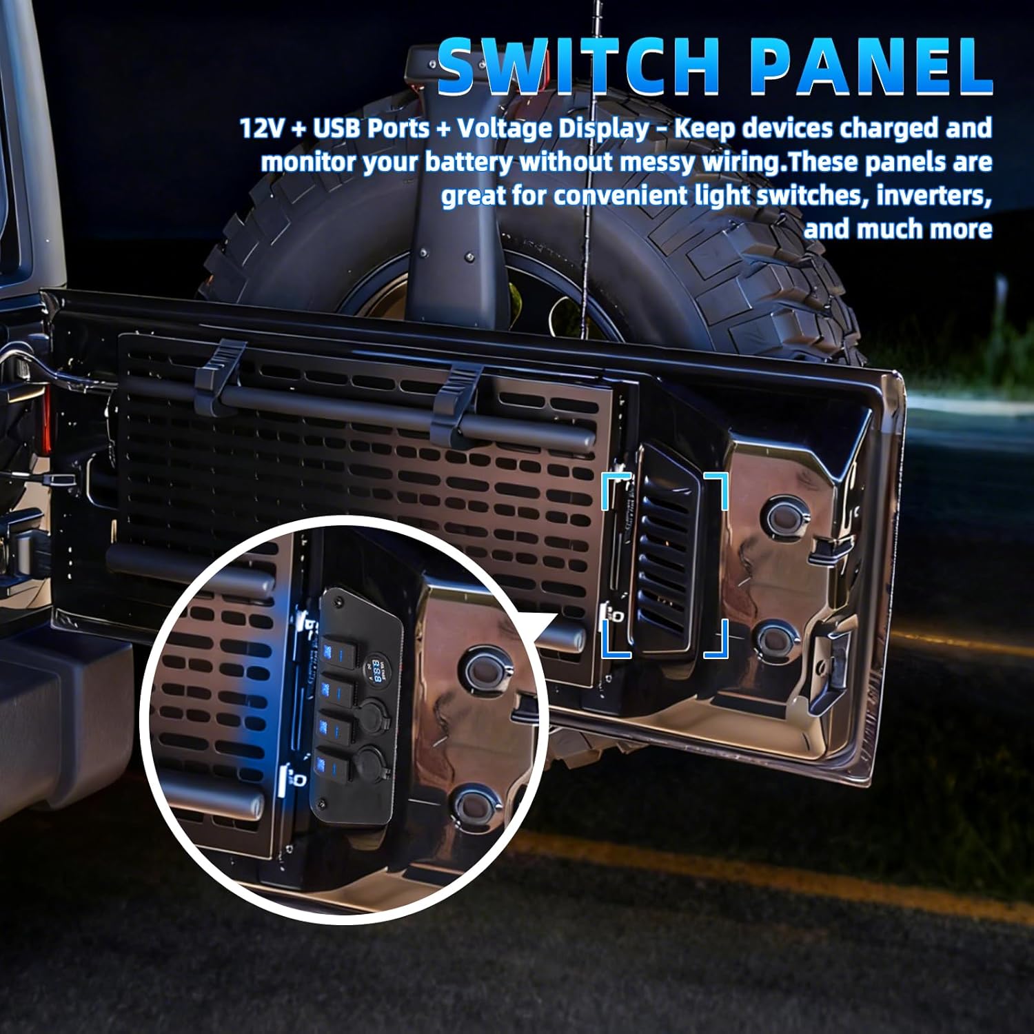 Tailgate Switch Panel with Voltage Display & Dual USB/12V Charger for Jeep Wrangler JK JKU (2011-2018) Blue Backlit Plug and Play Installation Heavy-Duty Steel Mounting Bracket
