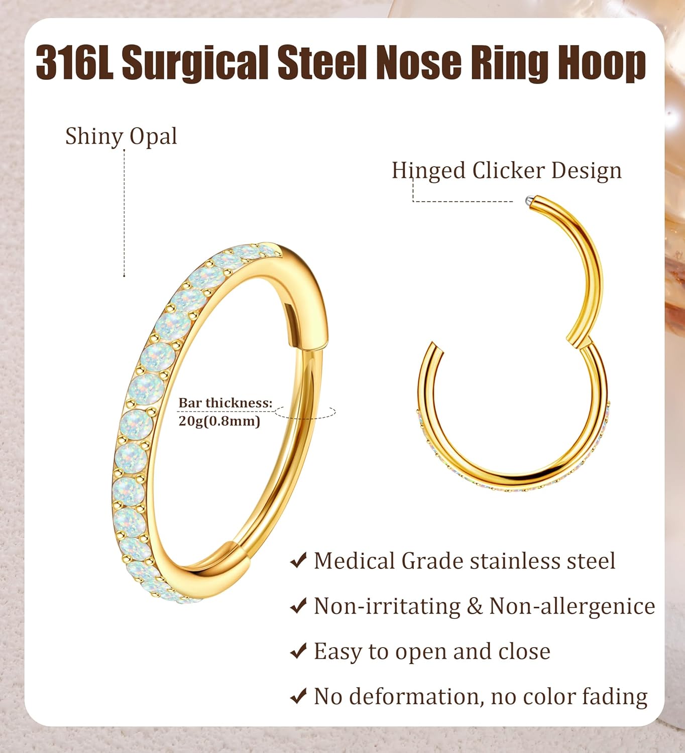 MJust Opal Nose Hoops for Women Men - 316L Surgical Steel Hinged Nose Rings 20G Clicker Septum Nose Ring Lip Helix Cartilage Hoop Earring Daith Rook Conch Body Piercing Jewelry 6MM 7MM 8MM 10MM - Image 2