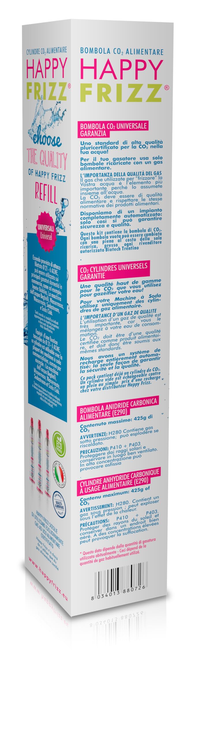 HAPPY FRIZZ Special Pack - 2 bottiglie + bombola addizionale di CO2 (accessori compatibili con ALTRI gasatori - NO modelli attacco CQC)