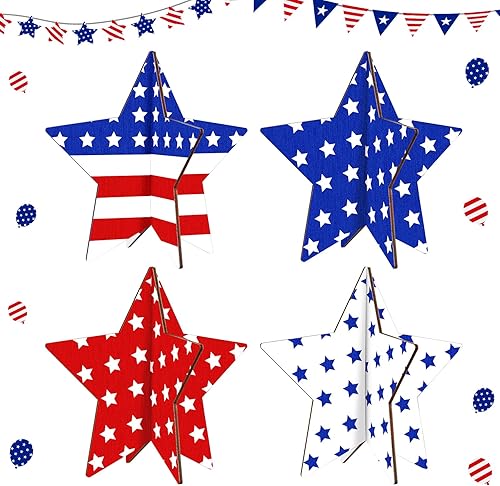 Miniatura 7 de Bucherry 4 juegos de centros de mesa patrióticos para el Día de los Caídos de madera, letreros de estrellas de madera, rojo, blanco, azul, 4 de