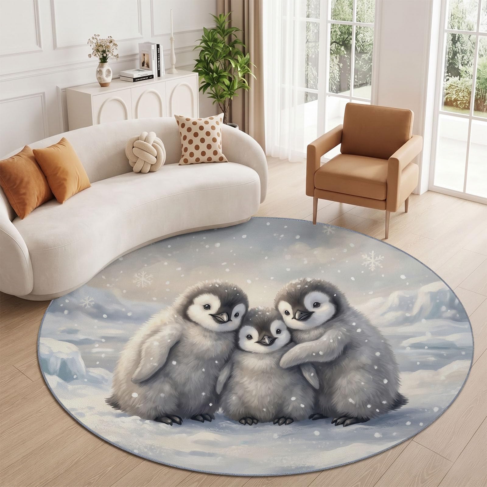 Alfombra redonda para niños y niñas, diseño de pingüino, suave, para dormitorio, sala de juegos, sala de estar, redonda, 120 cm, parte trasera antideslizante, color blanco