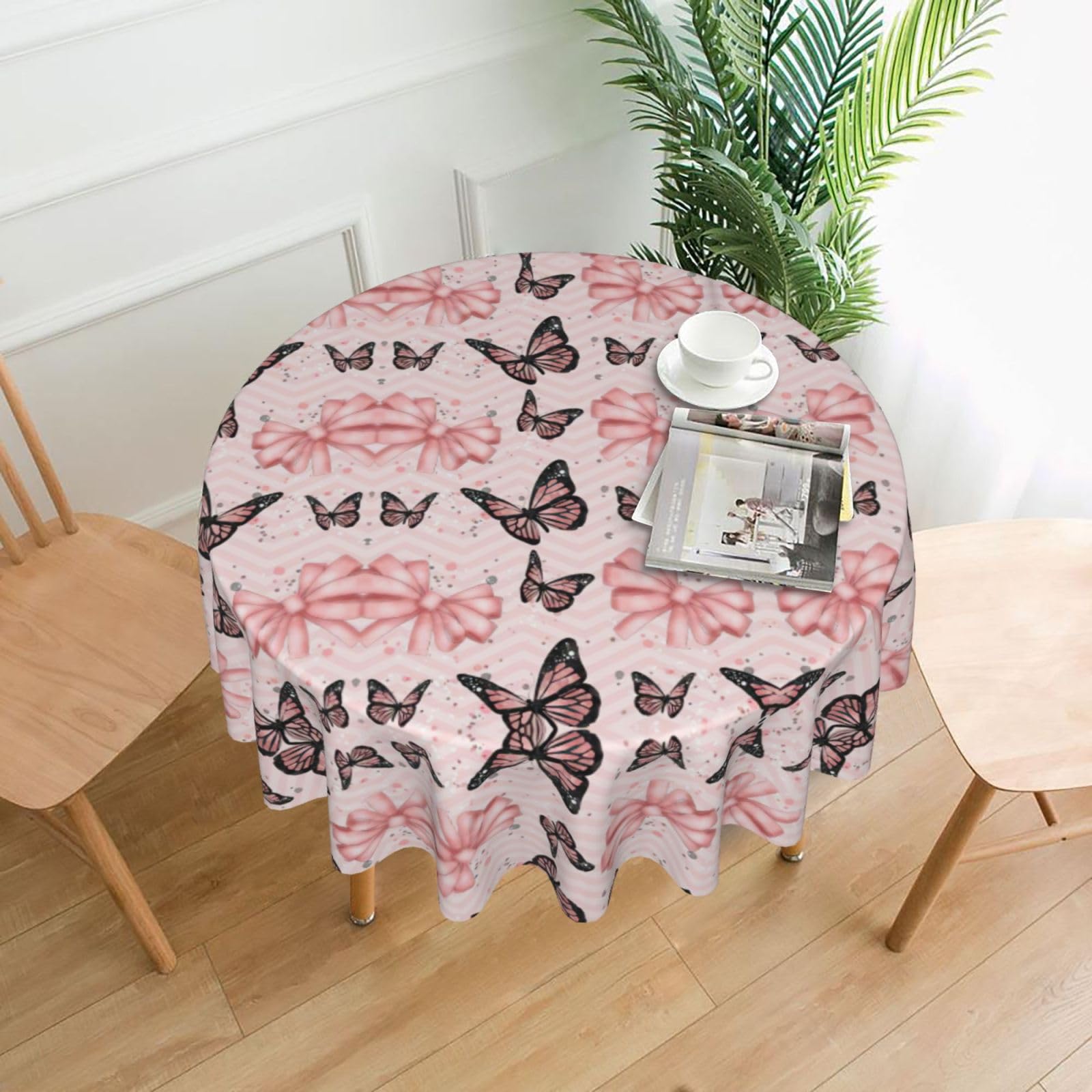 Zcmkjlg Butterfly Pink Print Quick Ship Round Tablecloth 60in Polyester Washable Cover for Dining Room
