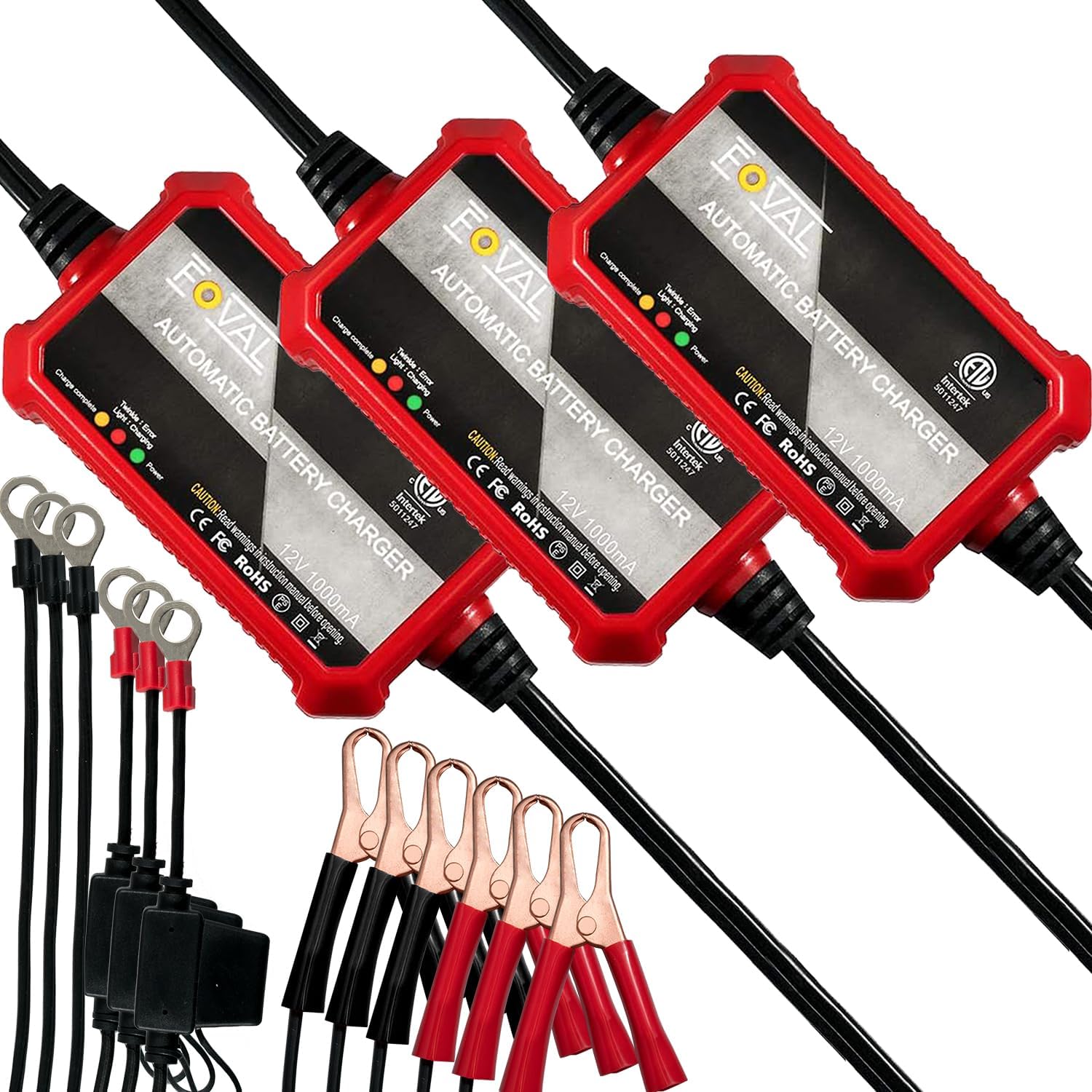 [3-Pack] 1000mA Car Battery Charger, FOVAL 12V Fully Automotive Battery Charger Maintainer, Trickle Charger, Float Charger and Desulfator for Motorcycle, ATV Car Lawn Mower and Lead Acid Batteries