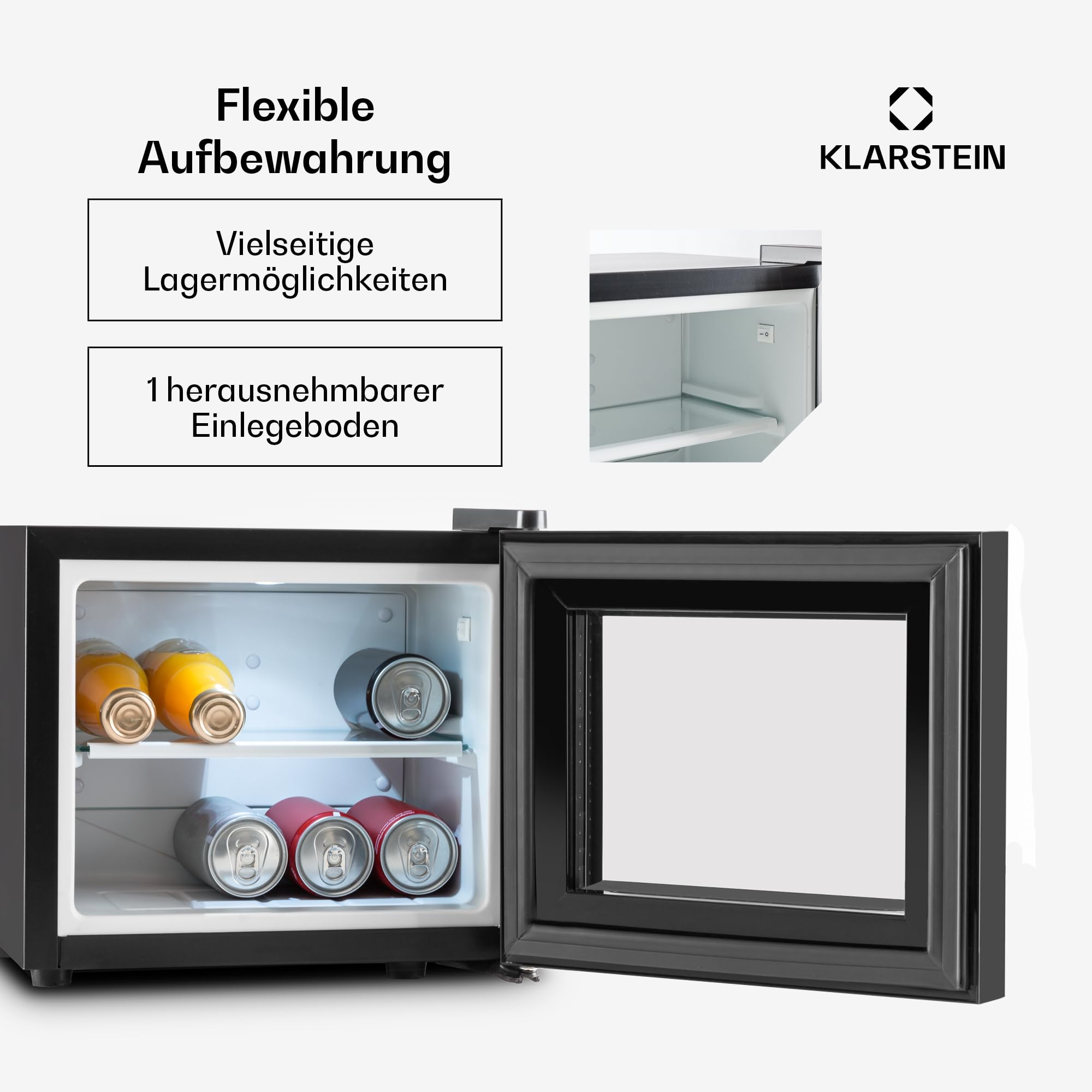 Klarstein Frosty Mini-Kühlschrank - kompakte Minibar mit Thermoelektrischem Kühlsystem, freistehend, 10 Liter Fassungsvermögen, Kühlung: 12-18 °C, schwarz, 33,4 x 30,3 x 31,5 cm (BxHxT)