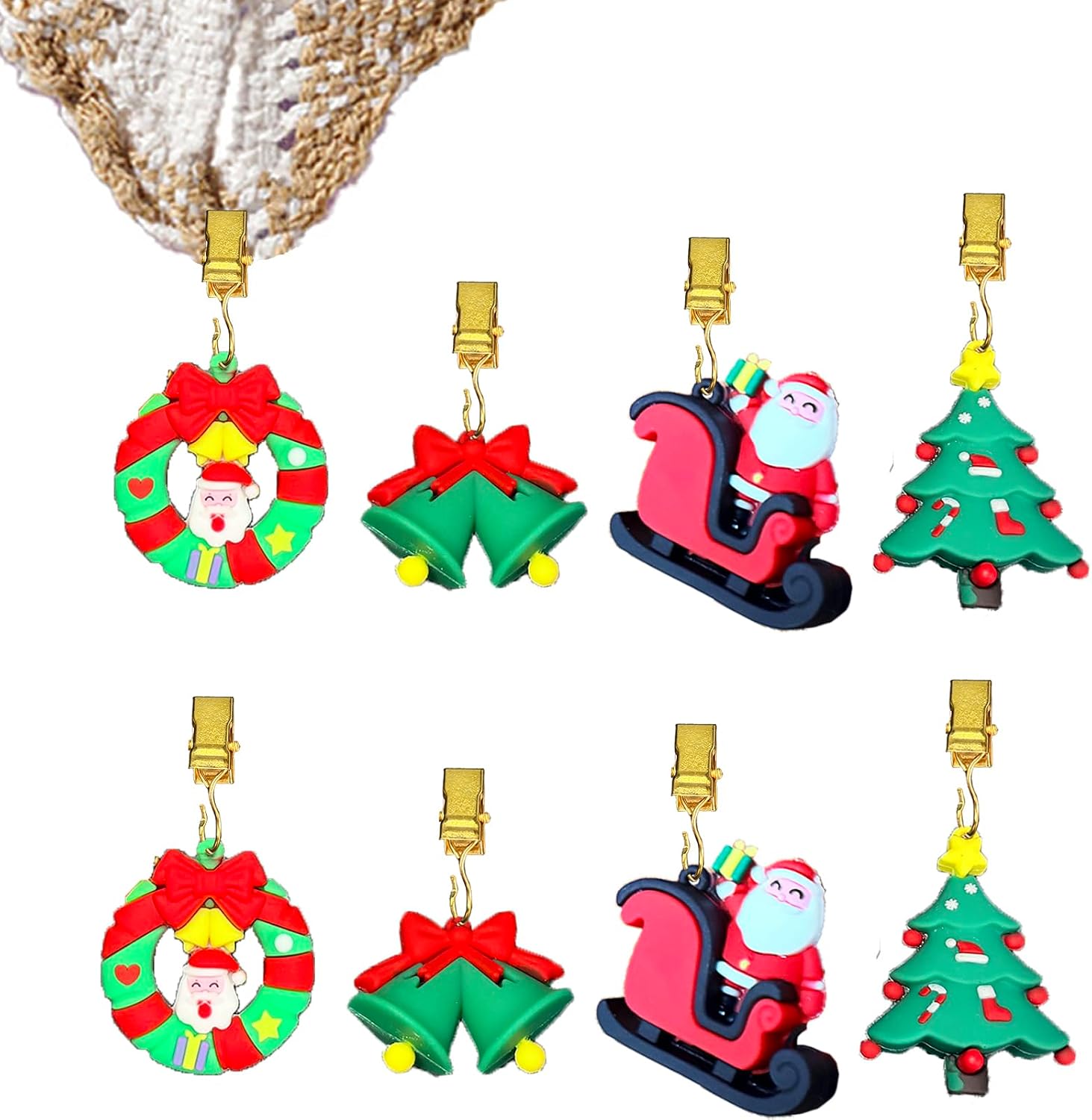 Christmas Hanging Weights Clips 8PCS/Set,Santa Claus Jingle Bells Christmas Tree Tablecloth Weights Clips Decoration for Outdoor Home Picnic Camping Wedding Party