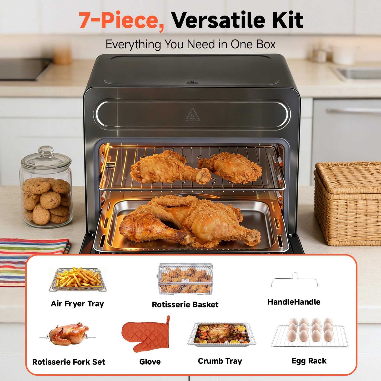 OUNIN 24L Horno Multifunción, 11 en 1 Horno con Freidora de Aire, Cocción en Doble Capa, Aire Caliente 360°, 1600W, Para Calamares Fritos, Croquetas Fritas, Chuletas de Cordero Asadas y Pan Horneado