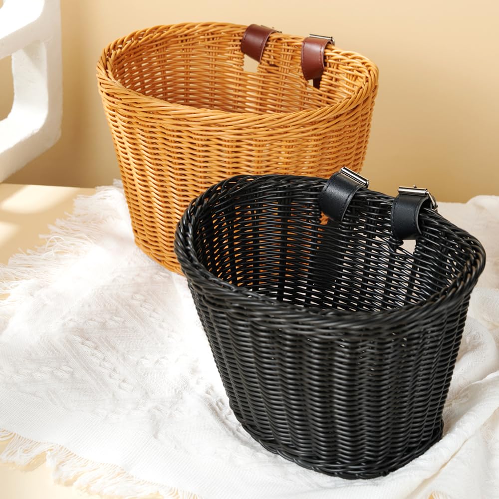 Cestino per bicicletta in plastica intrecciata con 2 cinghie regolabili in pelle, cestino portaoggetti per manubrio anteriore intrecciato a mano, accessorio per bicicletta per bambini e adulti