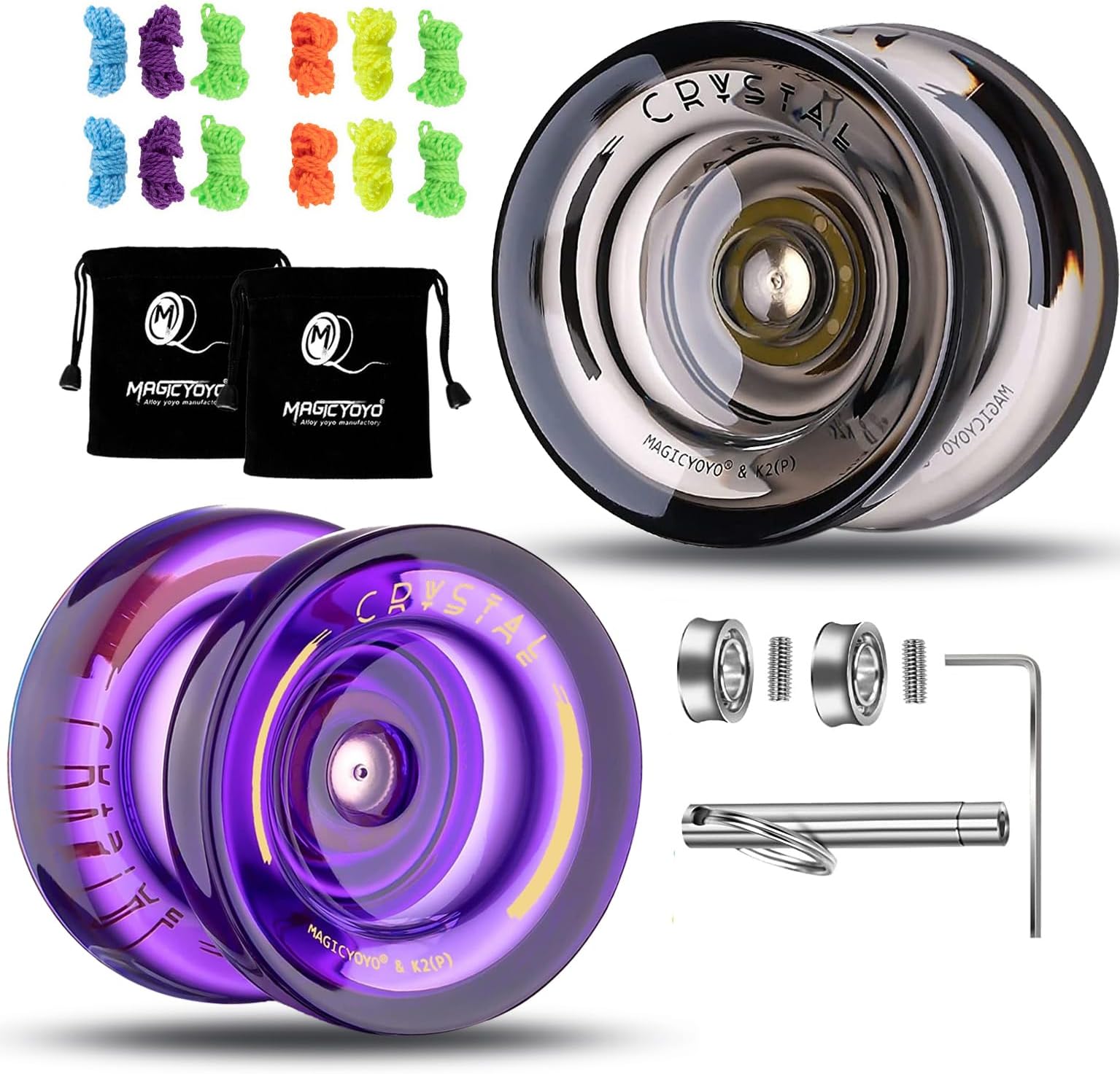 Yoyo K2 Crystal Pack of 2 Yoyos, Dual Function Responsive Yo Yo for Kids Beginner + Unresponsive Yo-yo Bearing Kit for Adults+12 Strings+2 Bags( Crystal Black+Purple)