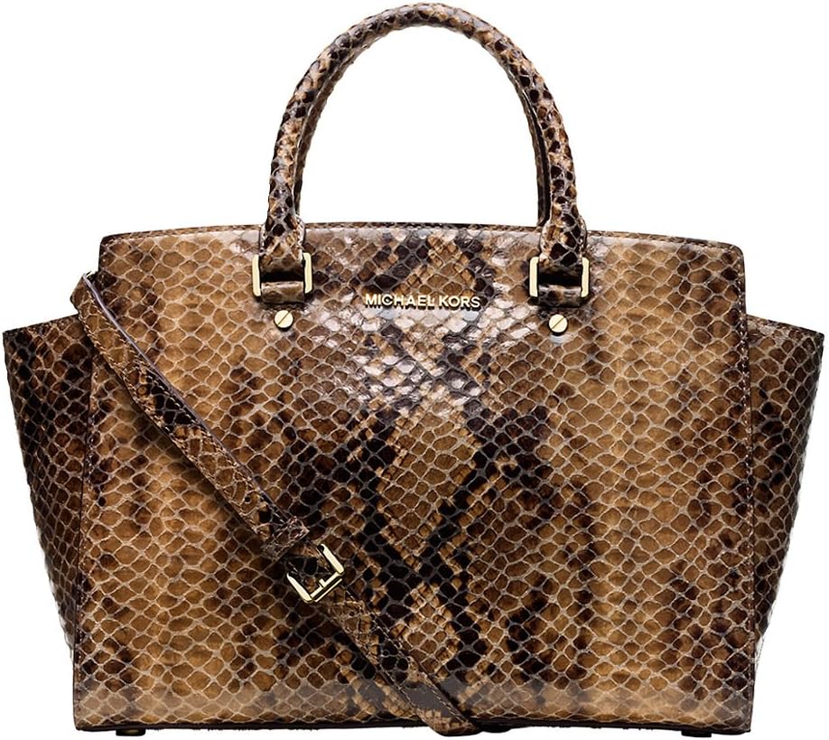 Michael Michael Kors Selma Large Top Zip Python Embossed Leather Satchel in Sand