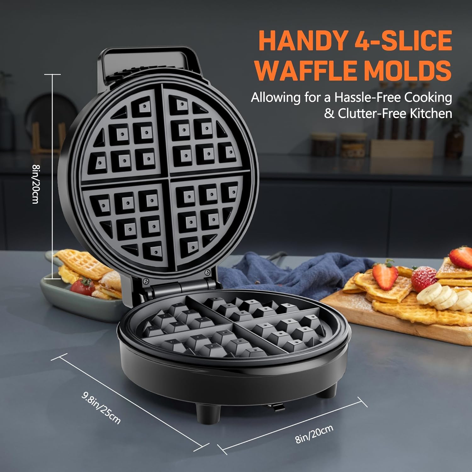 KEINVE Waffle Maker, 8'' Round Classic Waffle Maker Machine, 1000W, 2-Minute Preheating, Makes 1 Full or 4 Quarter Waffles, Non-Stick Waffle Irons, Easy to Clean, Perfect for Breakfast