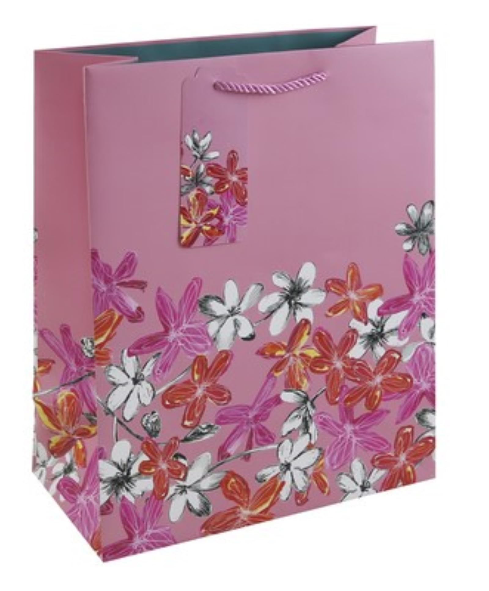 Large Floral Gift Bag Pink with Pink White Orange Flowers and Tag 13x10.5"