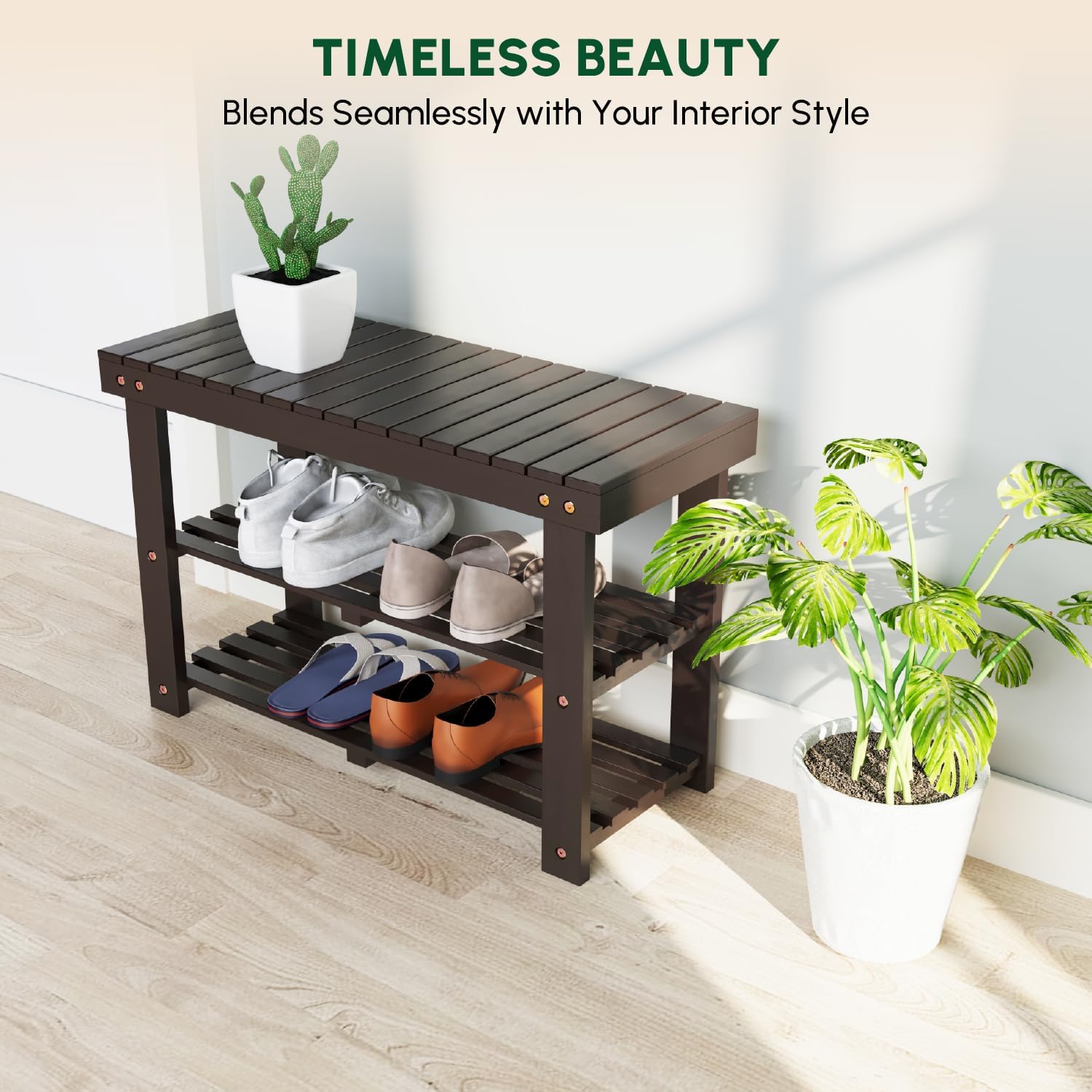BEEFURNI Acacia Shoe Rack Bench, 3-Tier Sturdy Shoe Storage Bench, Wooden Footwear Organizer for Boots, 300 LBS Load Capacity, Perfect for Closet Entryway Bathroom, 1-Year Manufacturer Warranty, Brown