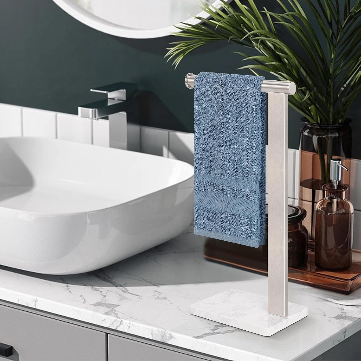 Stainless Steel L-Shaped Hand Towel Holder, SUS304 Bathroom Towel Rack with Thickened Base for Countertop Vanity (Brush Nickel, Square Base)
