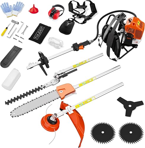 52cc 6 in 1 Gas Hedge Trimmer, Weed Eater, String Trimmer, Edger, Pole Saw Chainsaw Pruner with EPA, CE and EMC Certification