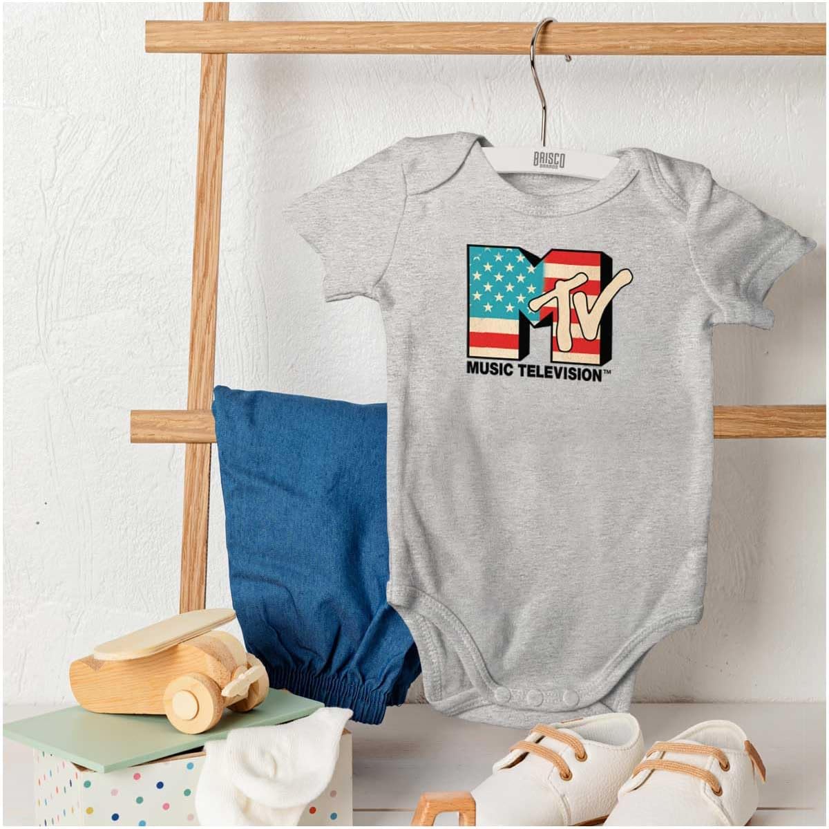 Brisco Brands Vintage MTV American Flag Logo Baby Romper Boys or Girls