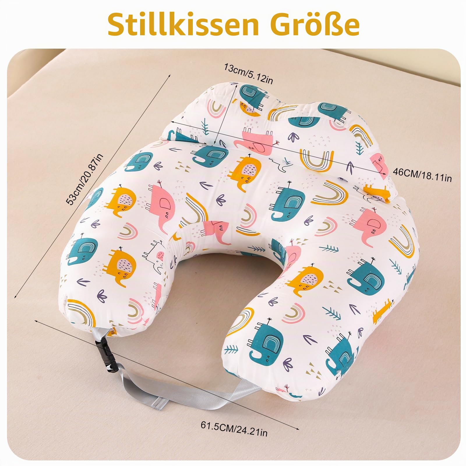 Labtec Stillkissen zum Stillen, Multifunktionales Stillkissen mit verstellbarem Bauchgurt und Sicherheitszaun, 100% Baumwolle & Abnehmbarer Kissenbezug, Elefanten-Druck