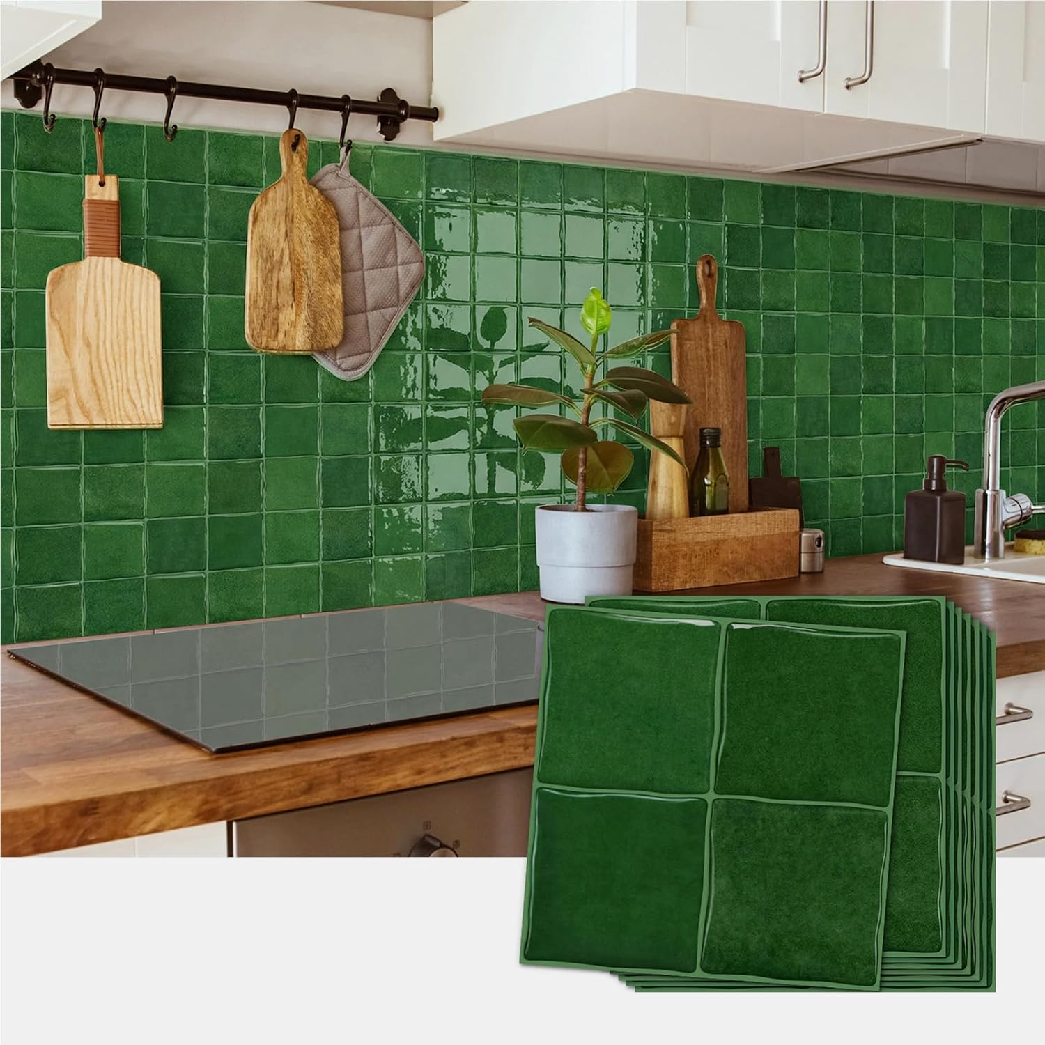 20-Sheet Green Peel and Stick Kitchen Stick on Tile, DONGYUNAI PVC Wall Panels Brick Back Splash 3D Waterproof Self Adhesive Mosaic Wall Sticker for Bathroom Fireplace RV Camper Van