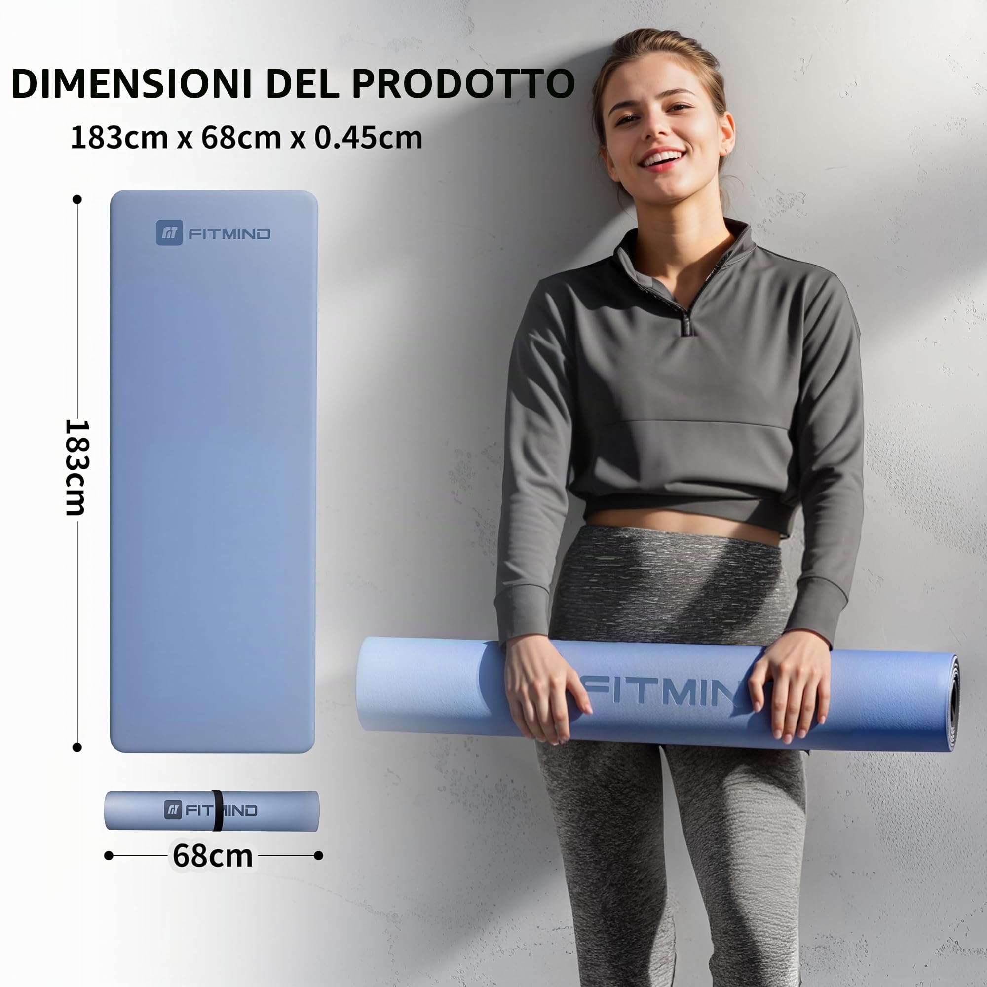 PU Tappetino Palestra, Tappeto Pilates Spesso, Tappetino per Yoga Antiscivolo, Tappetino Yoga Professionale per allenamento, sport, turn, pilates, con tracolla, 183 x 60 x 0,5 cm