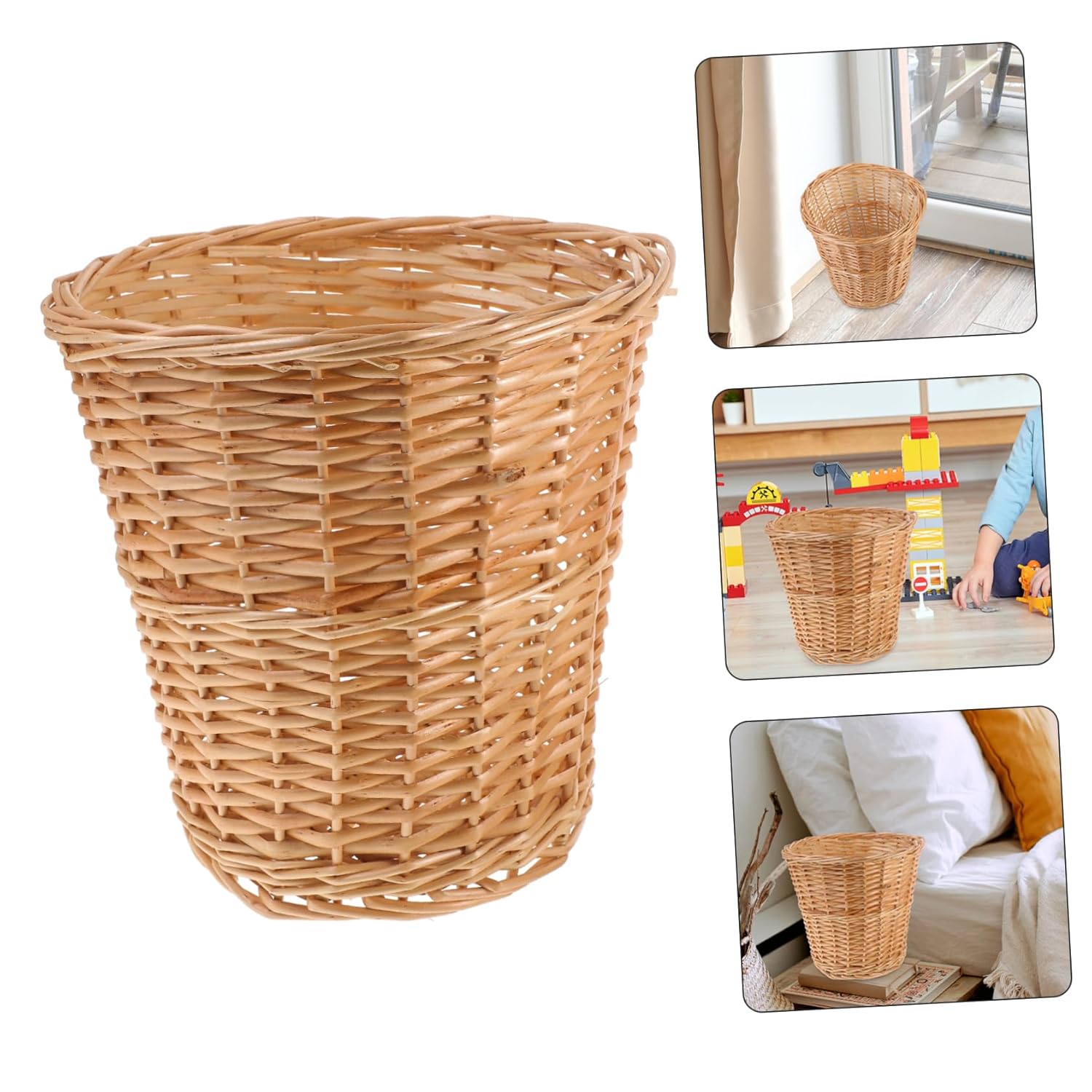Hand-Woven Wicker Trash Can Natural Style Compost Bin Kitchen Accessory