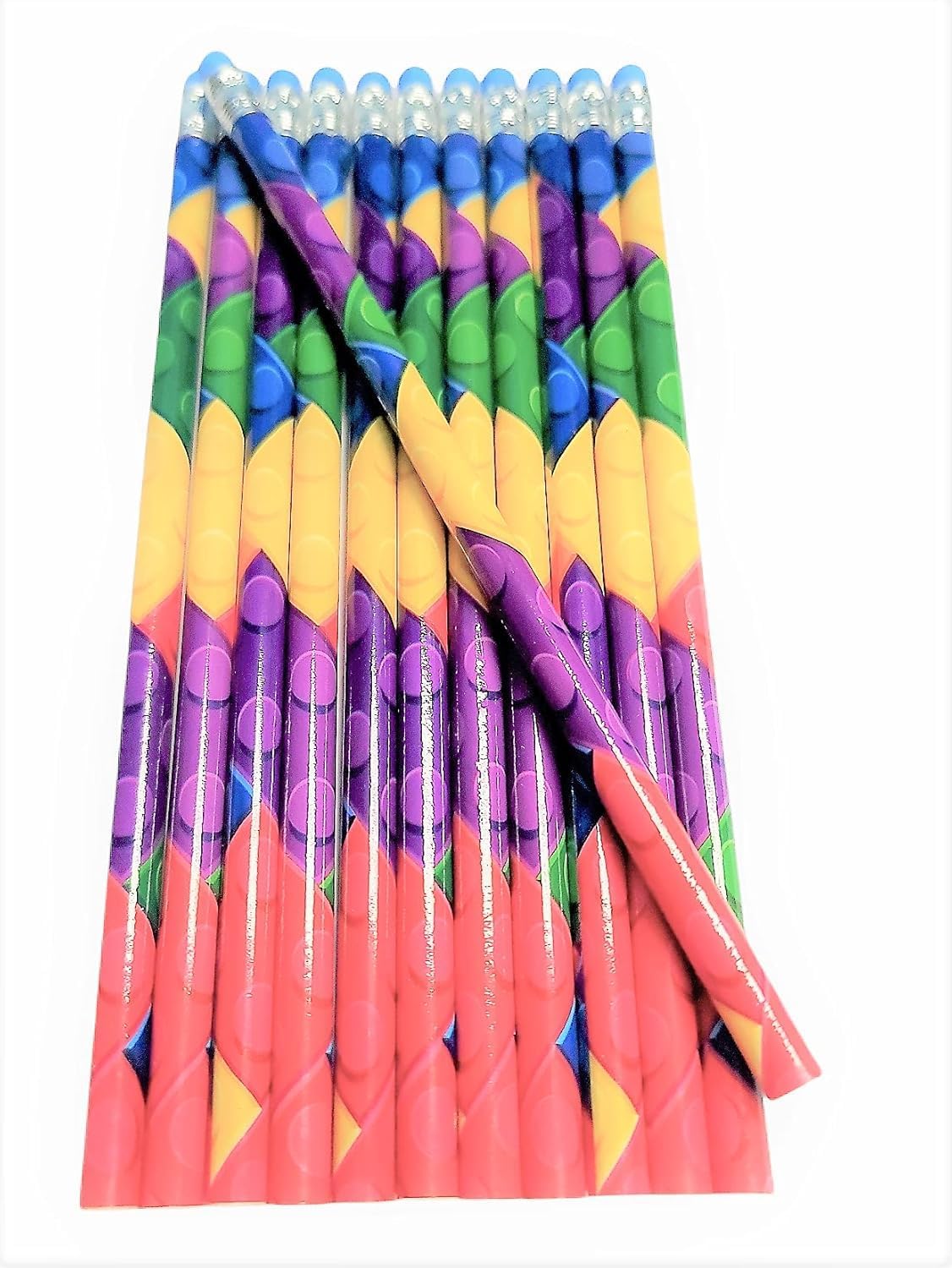 Zugar Land Block Mania Pencils with Blue Top Erasers (7.5") – Fun Building Brick Theme Party Favors for Kids' Birthdays, School Rewards, and Goody Bags! (24)